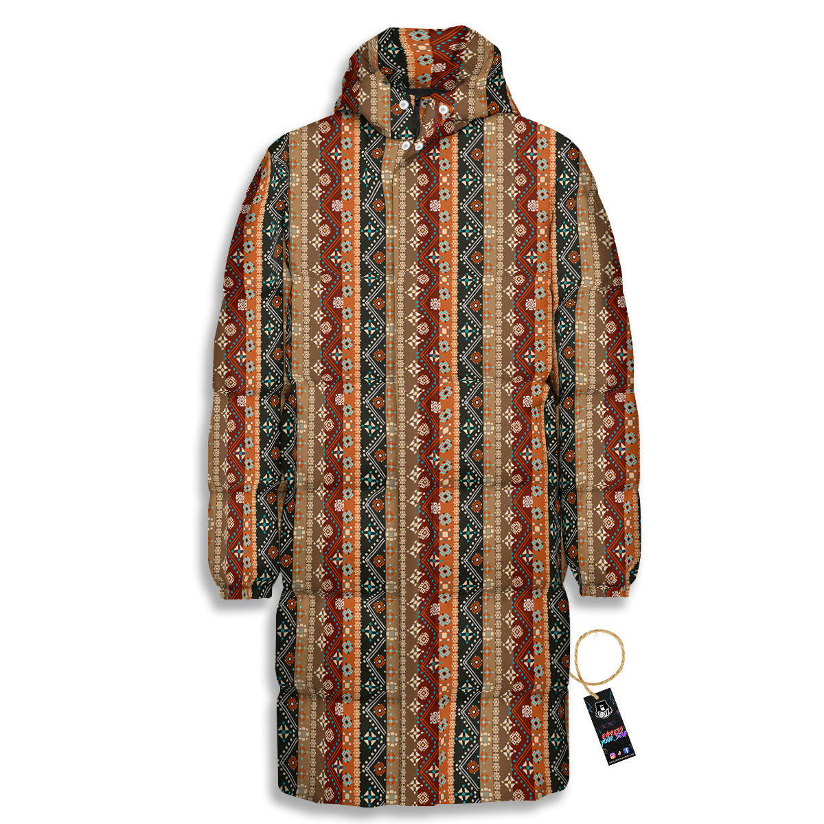Tribal Ethnic Boho Print Pattern Long Down Jacket-grizzshop