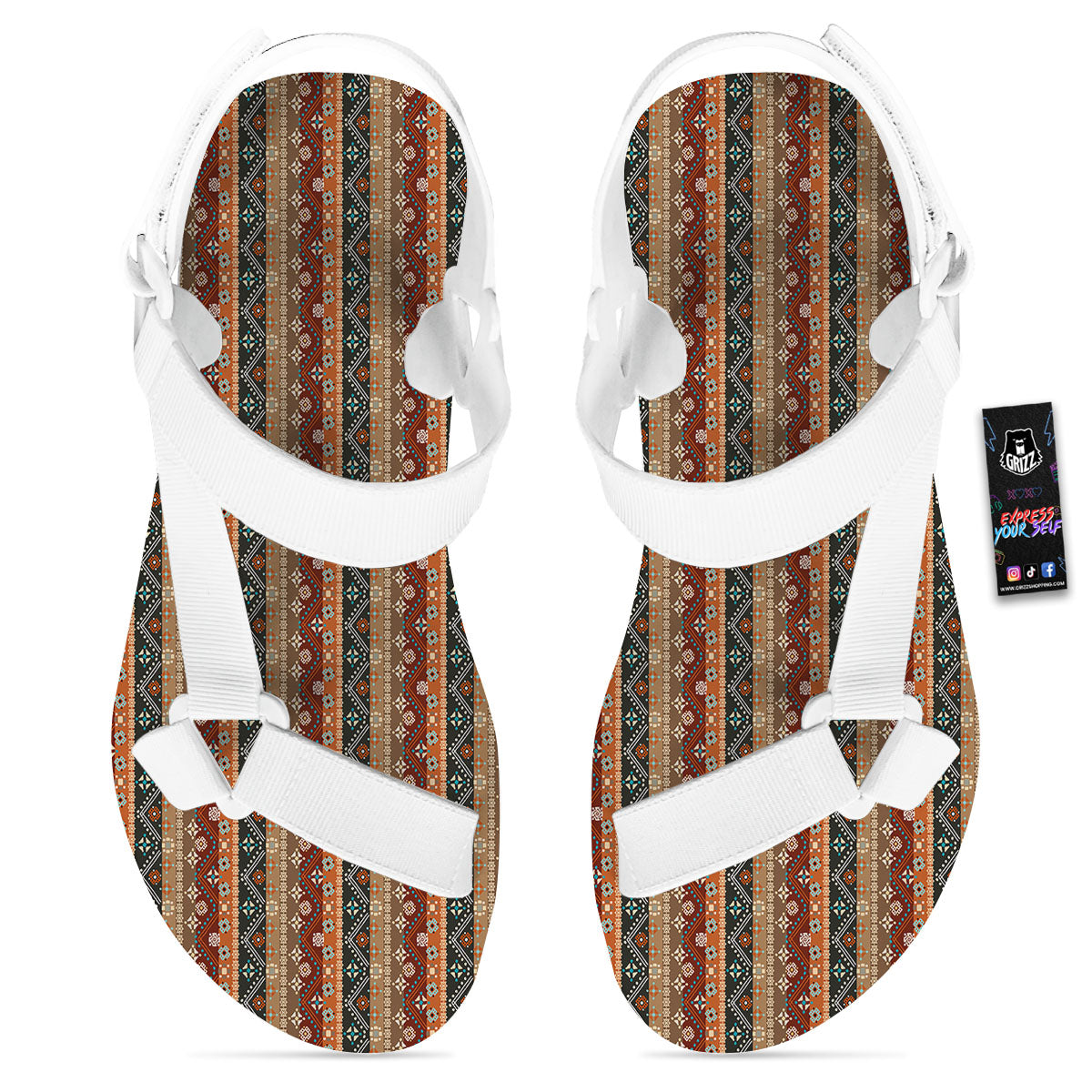 Tribal Ethnic Boho Print Pattern White Open Toe Sandals-grizzshop