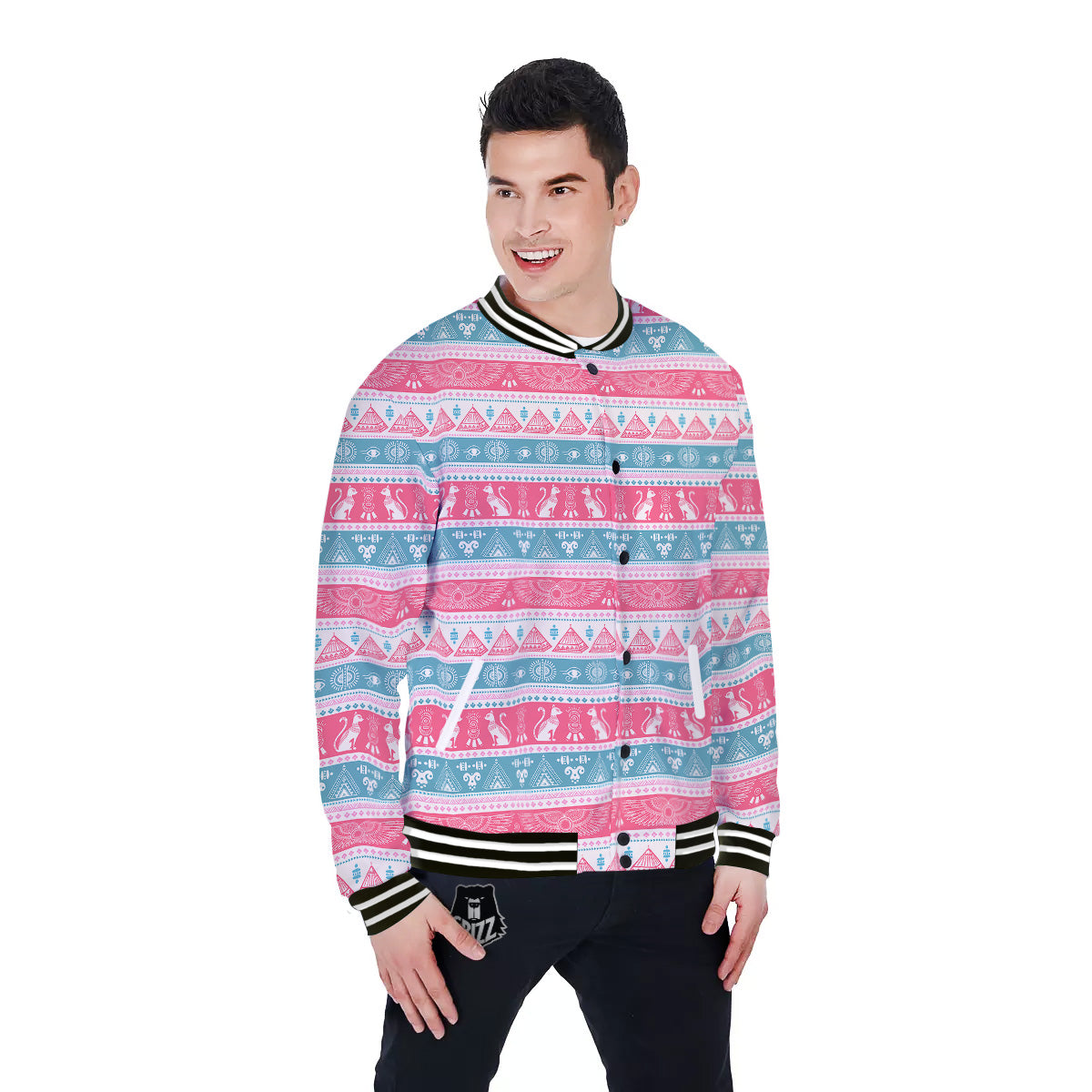 Tribal Ethnic Pink Blue Egypt Print Pattern Baseball Jacket-grizzshop