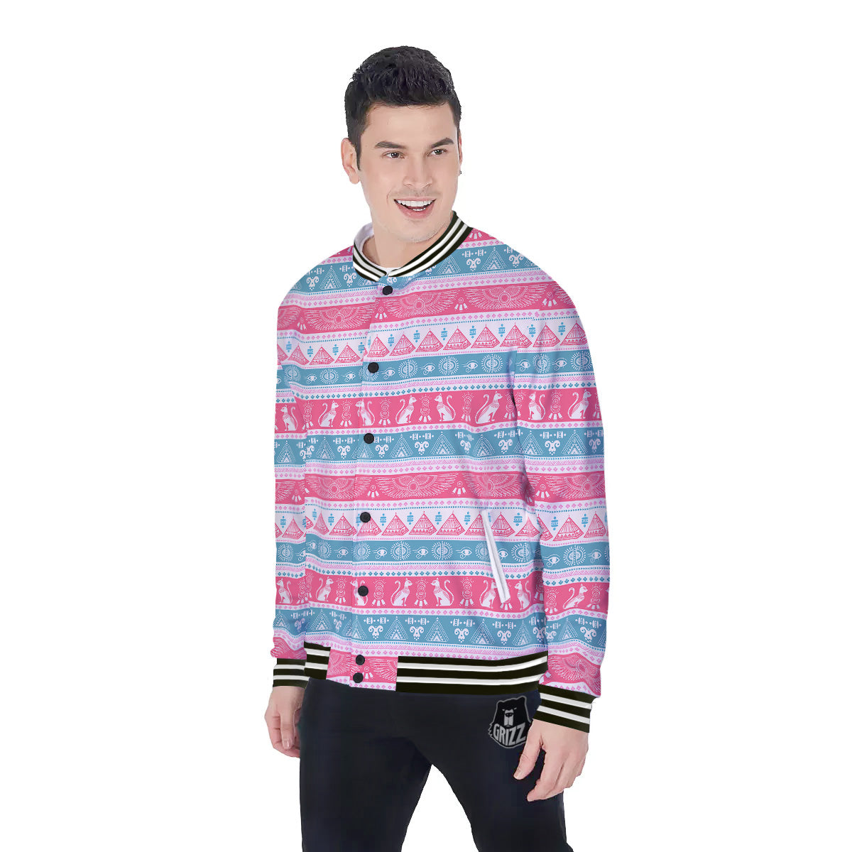 Tribal Ethnic Pink Blue Egypt Print Pattern Baseball Jacket-grizzshop