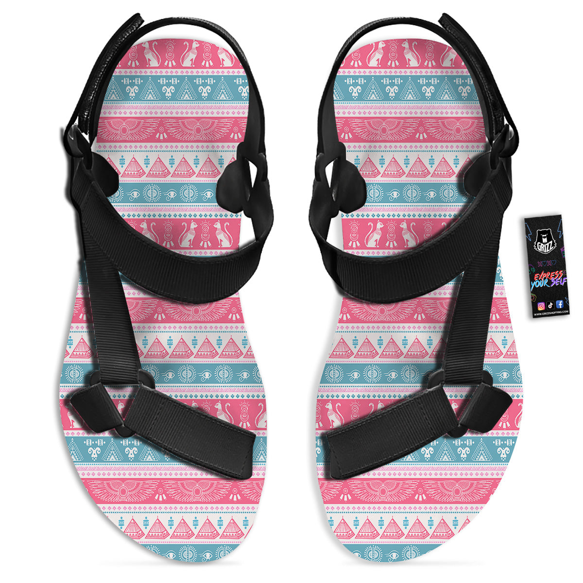 Tribal Ethnic Pink Blue Egypt Print Pattern Black Open Toe Sandals-grizzshop