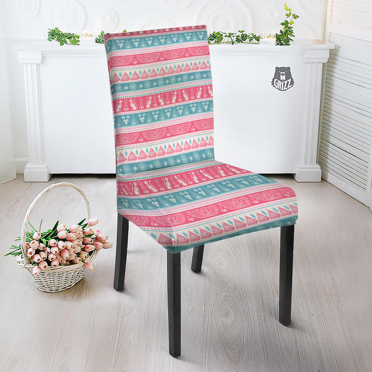Tribal Ethnic Pink Blue Egypt Print Pattern Dining Chair Slipcover-grizzshop