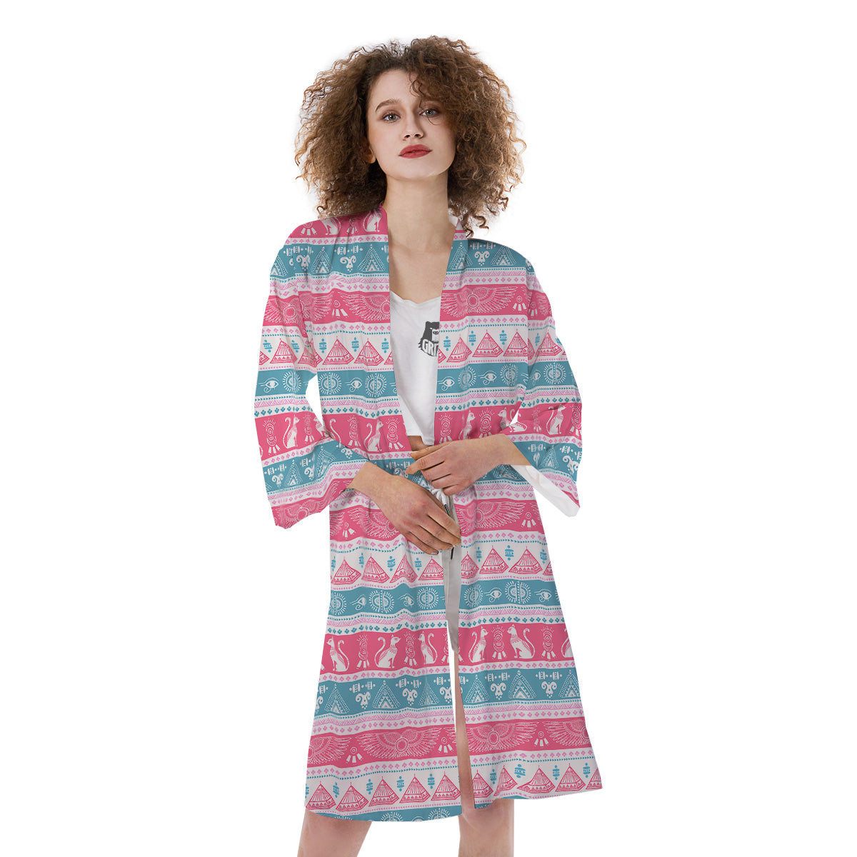 Tribal Ethnic Pink Blue Egypt Print Pattern Kimono-grizzshop