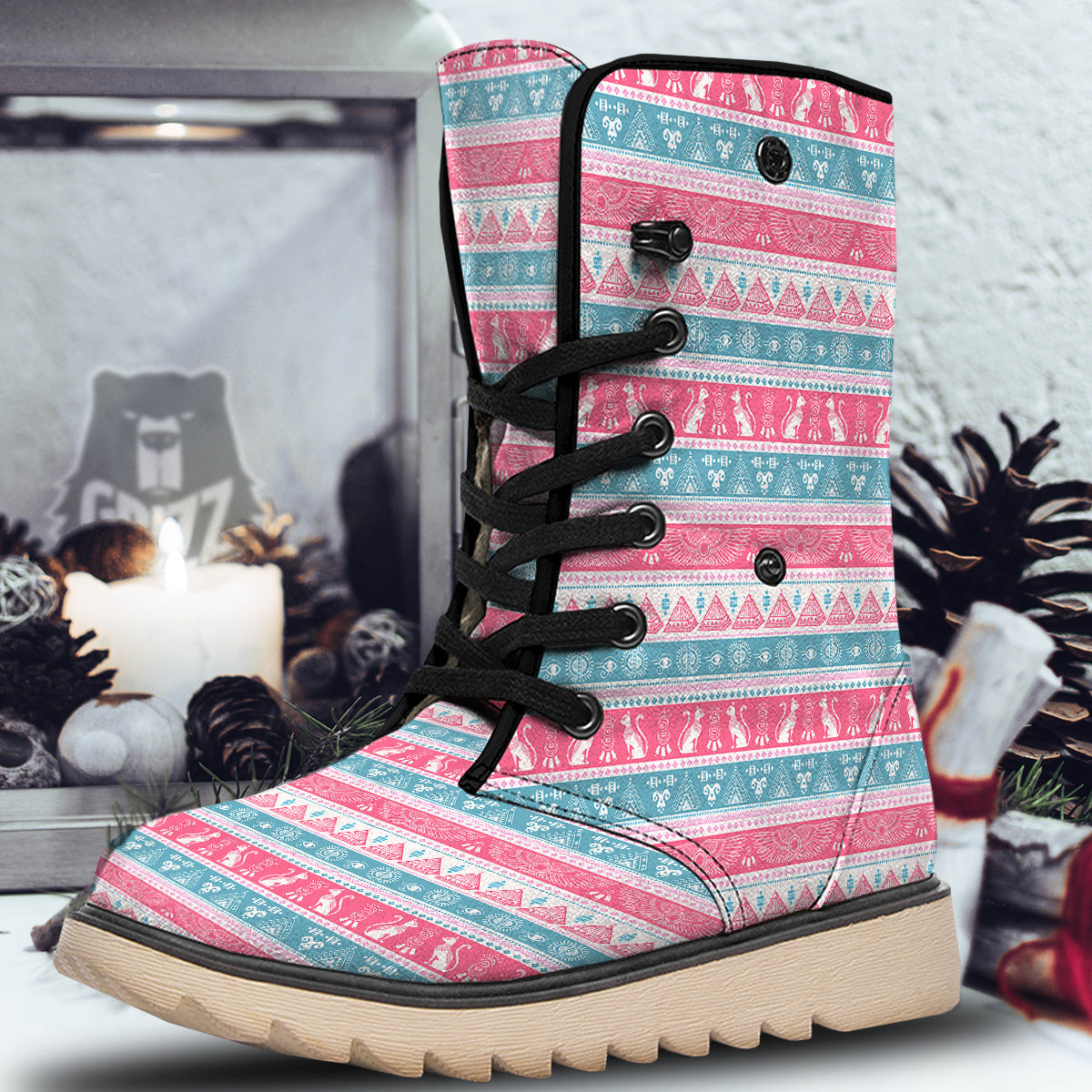 Tribal Ethnic Pink Blue Egypt Print Pattern Snow Boots-grizzshop