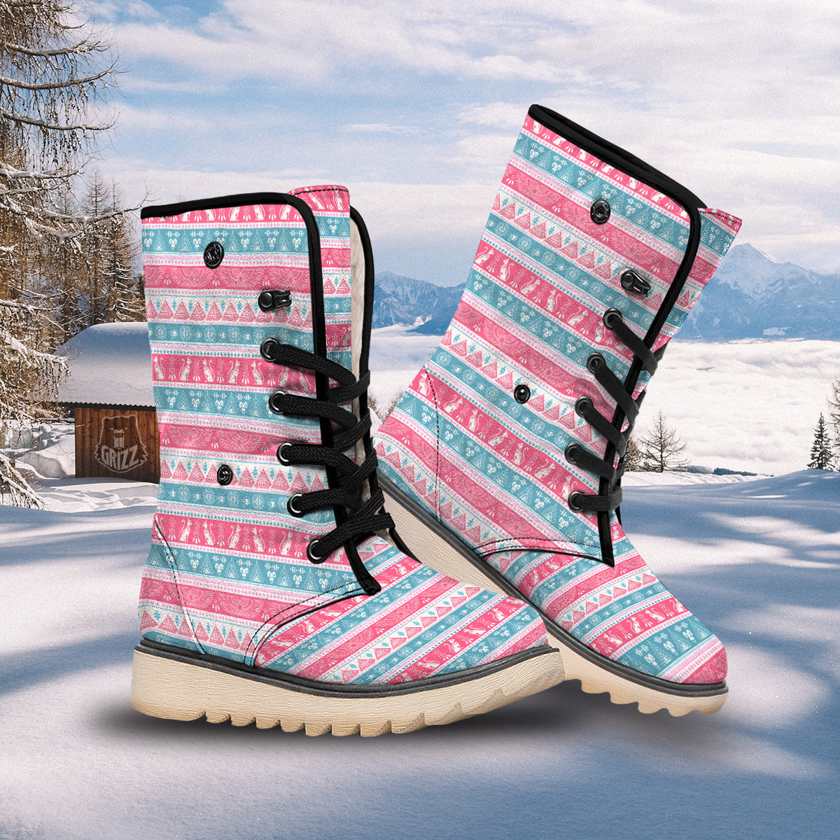 Tribal Ethnic Pink Blue Egypt Print Pattern Snow Boots-grizzshop