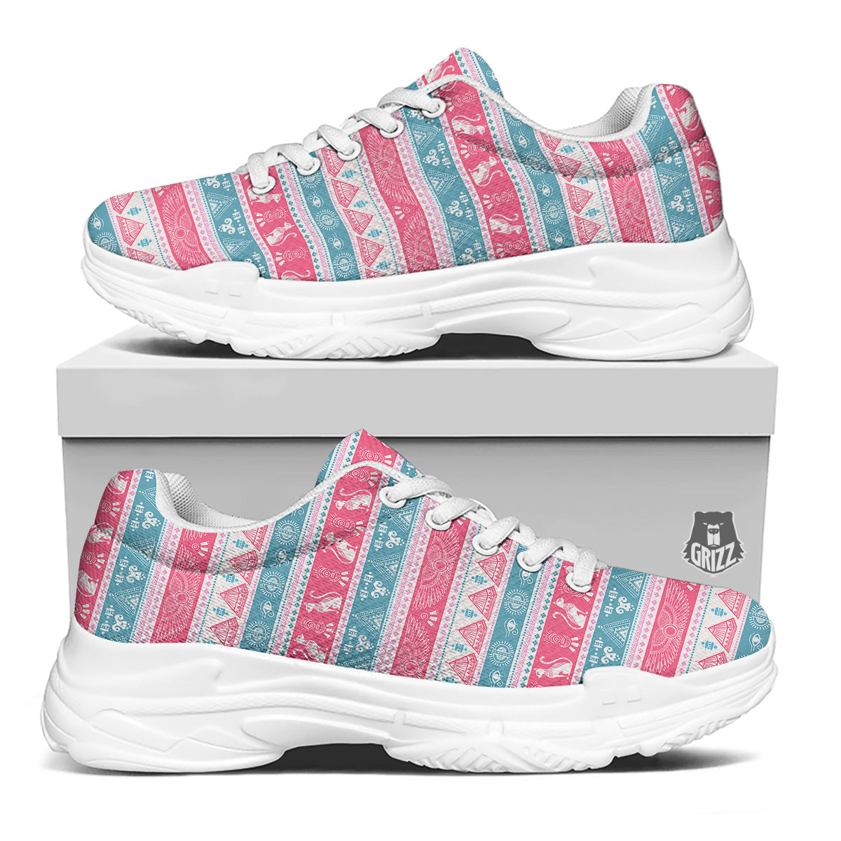 Tribal Ethnic Pink Blue Egypt Print Pattern White Chunky Shoes-grizzshop