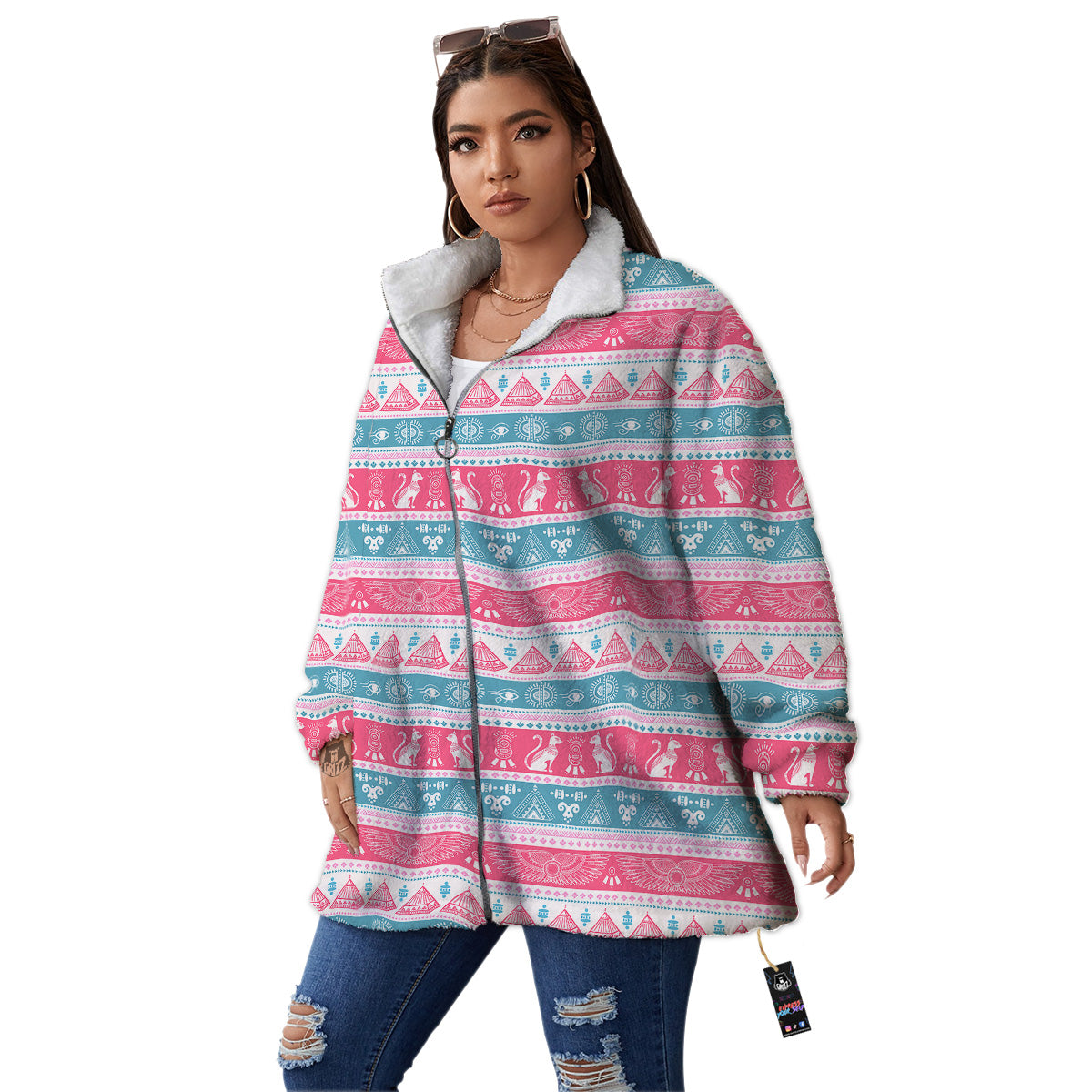 Tribal Ethnic Pink Blue Egypt Print Pattern Women's Sherpa Jacket-grizzshop