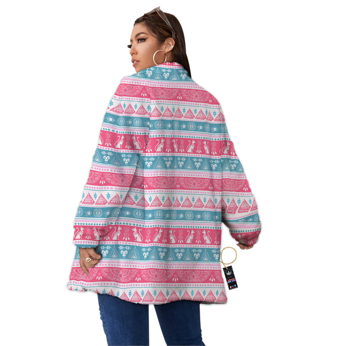 Tribal Ethnic Pink Blue Egypt Print Pattern Women's Sherpa Jacket-grizzshop