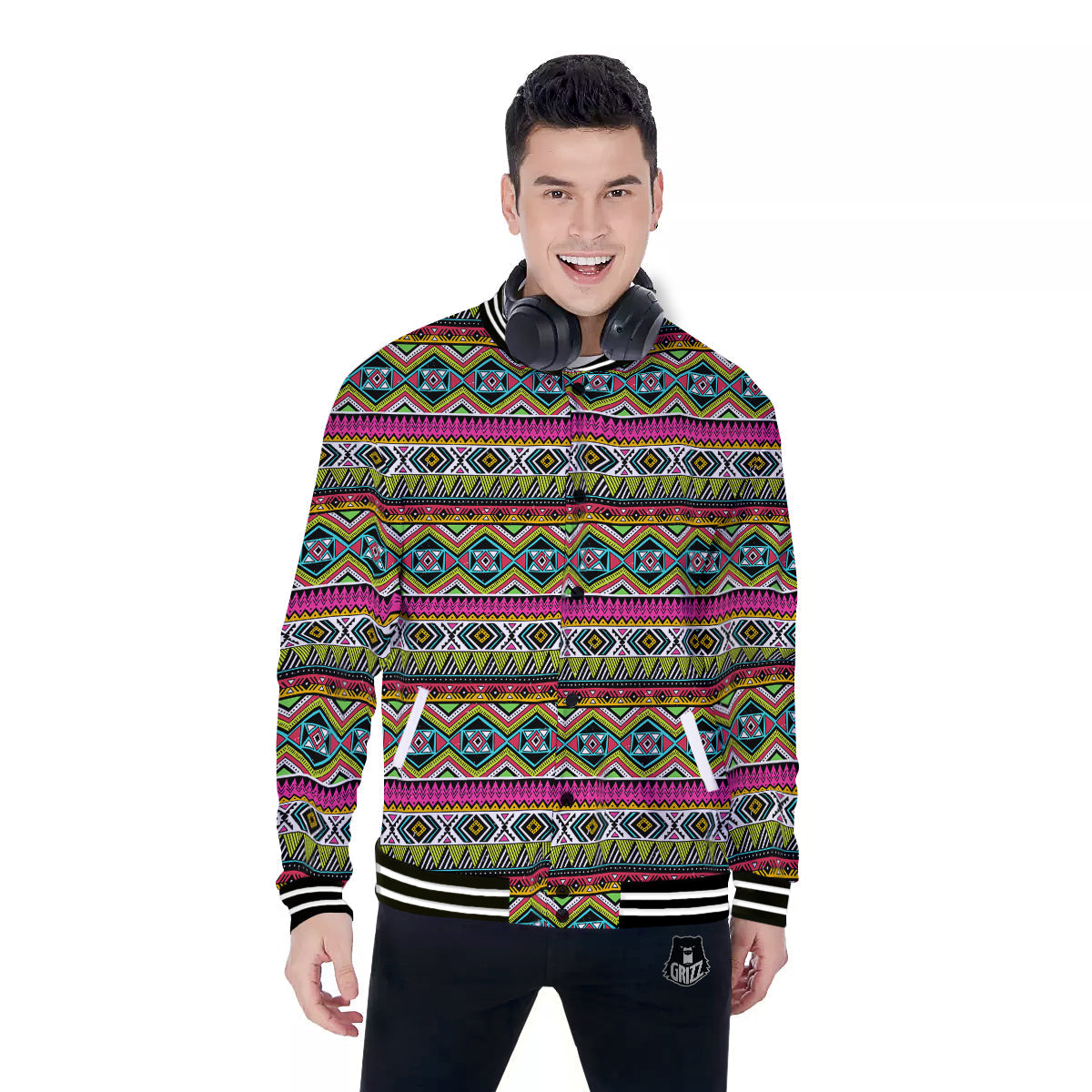 Tribal Geometric Colorful Print Pattern Baseball Jacket-grizzshop
