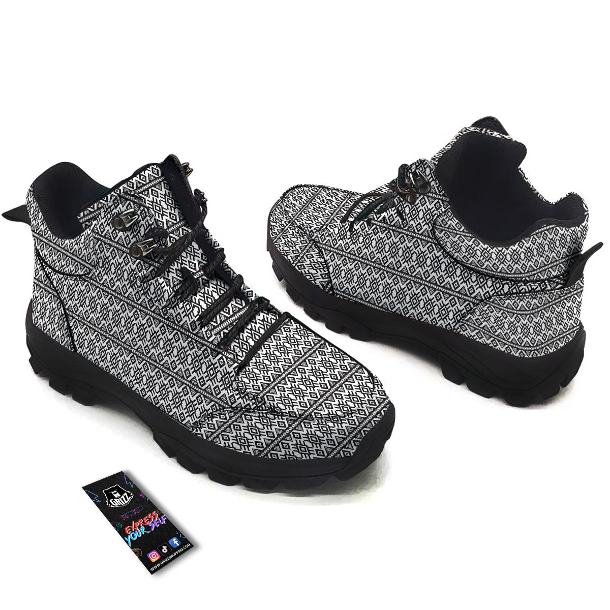 Tribal Geometric White And Black Print Hiking Shoes-grizzshop