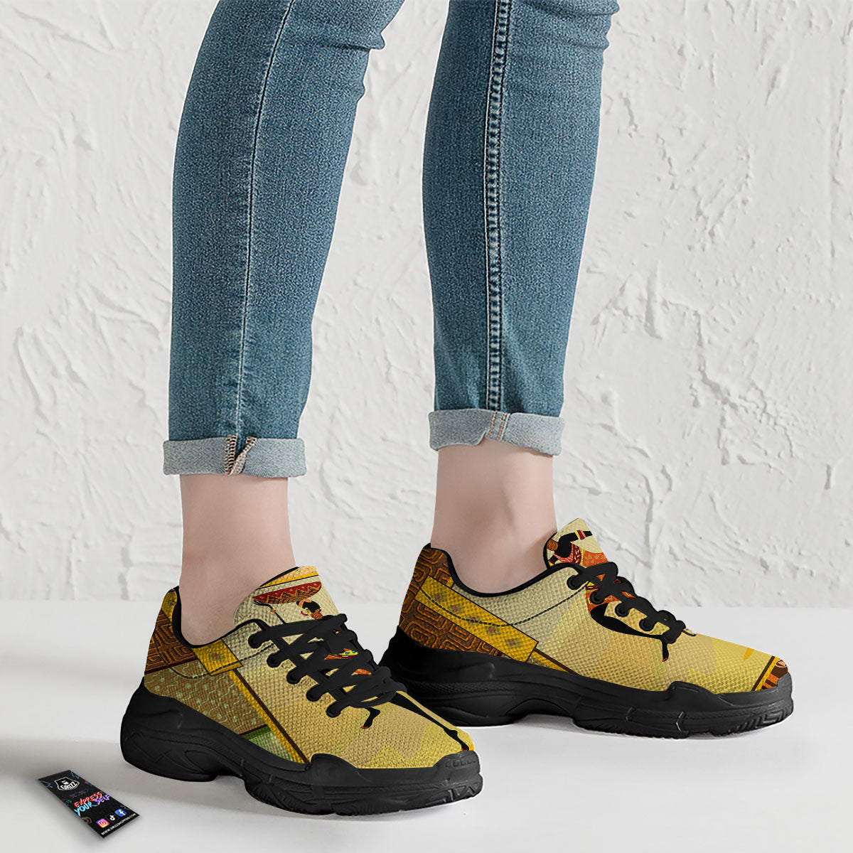 Tribal Inspired African Ethnic Print Black Chunky Shoes-grizzshop