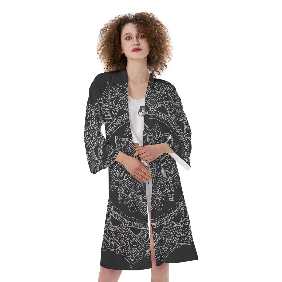 Tribal Mandala White And Black Print Kimono-grizzshop