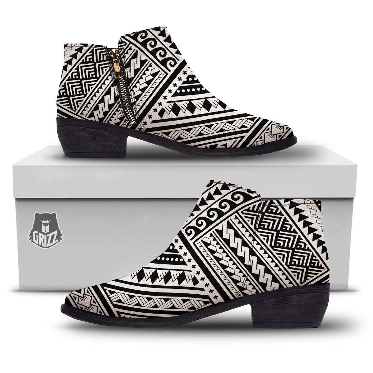 Tribal Maori Polynesian Tattoo Print Ankle Boots-grizzshop