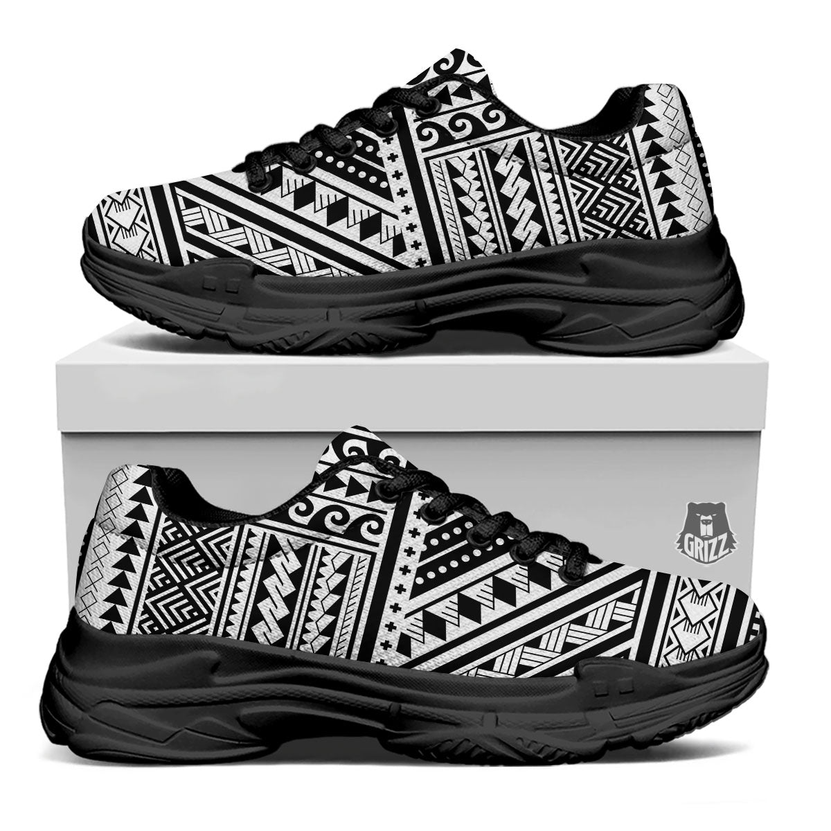 Tribal Maori Polynesian Tattoo Print Black Chunky Shoes-grizzshop