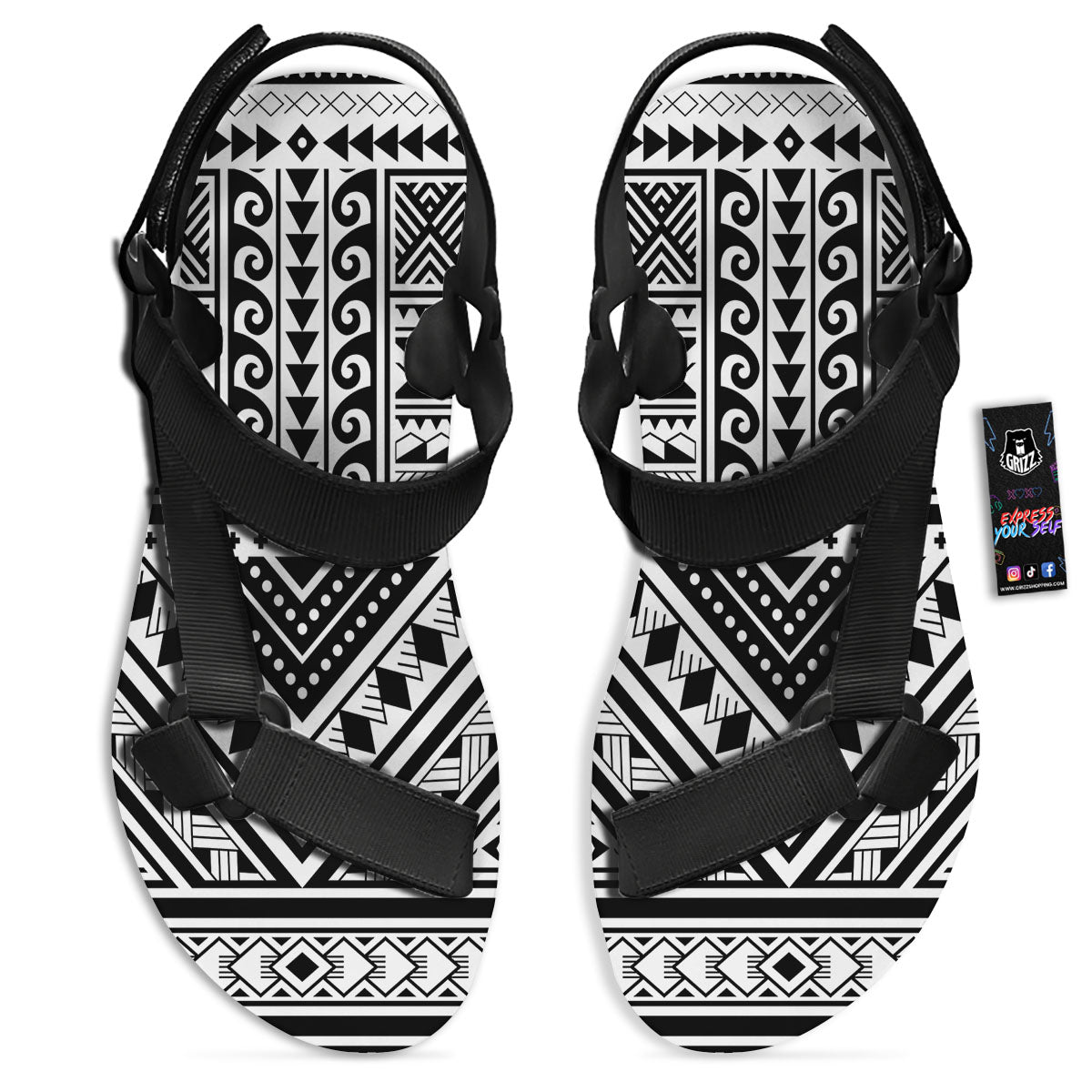 Tribal Maori Polynesian Tattoo Print Black Open Toe Sandals-grizzshop
