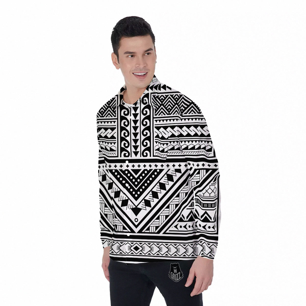 Tribal Maori Polynesian Tattoo Print Men's Long Sleeve Shirts-grizzshop