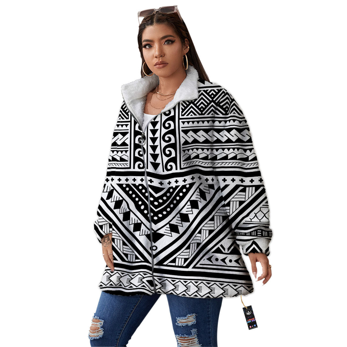 Tribal Maori Polynesian Tattoo Print Women's Sherpa Jacket-grizzshop