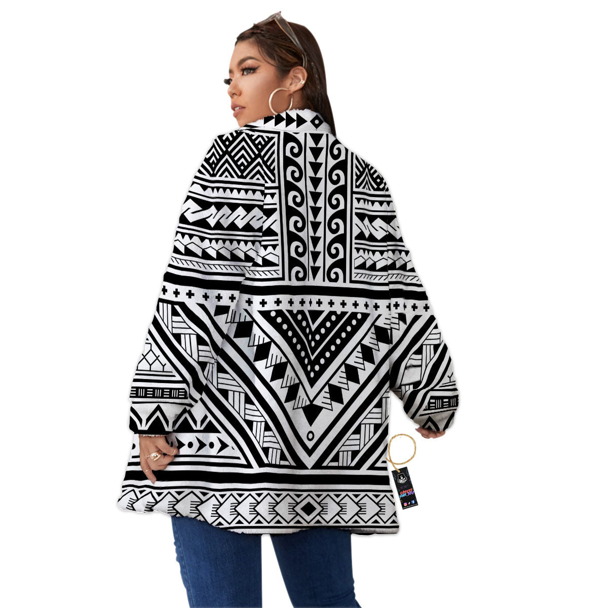 Tribal Maori Polynesian Tattoo Print Women's Sherpa Jacket-grizzshop