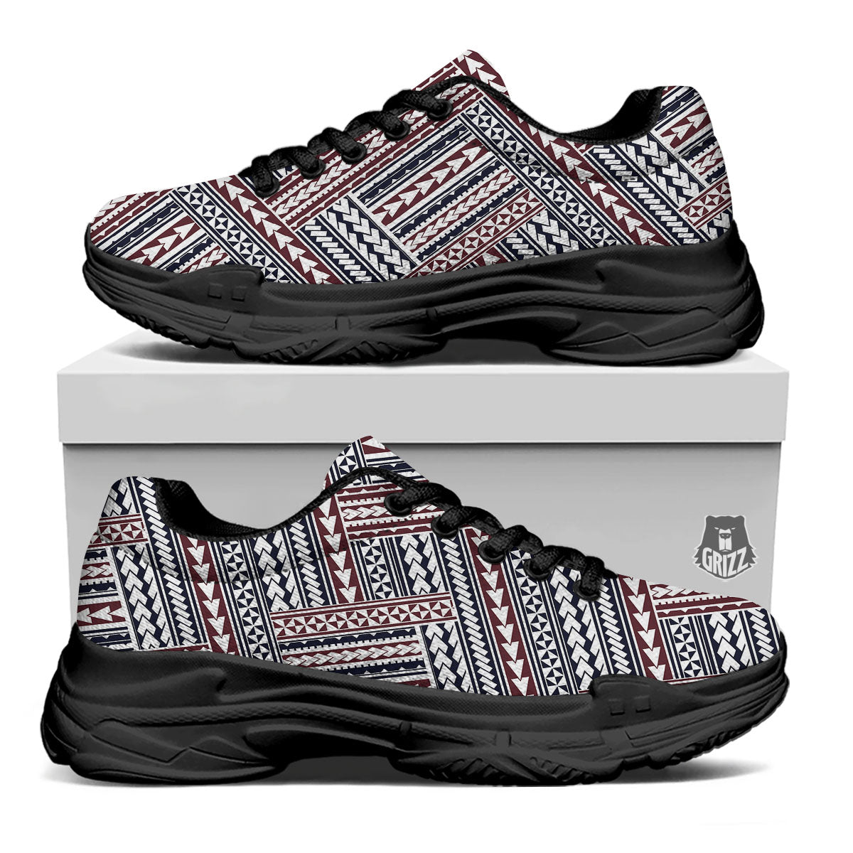 Tribal Maori Print Black Chunky Shoes-grizzshop