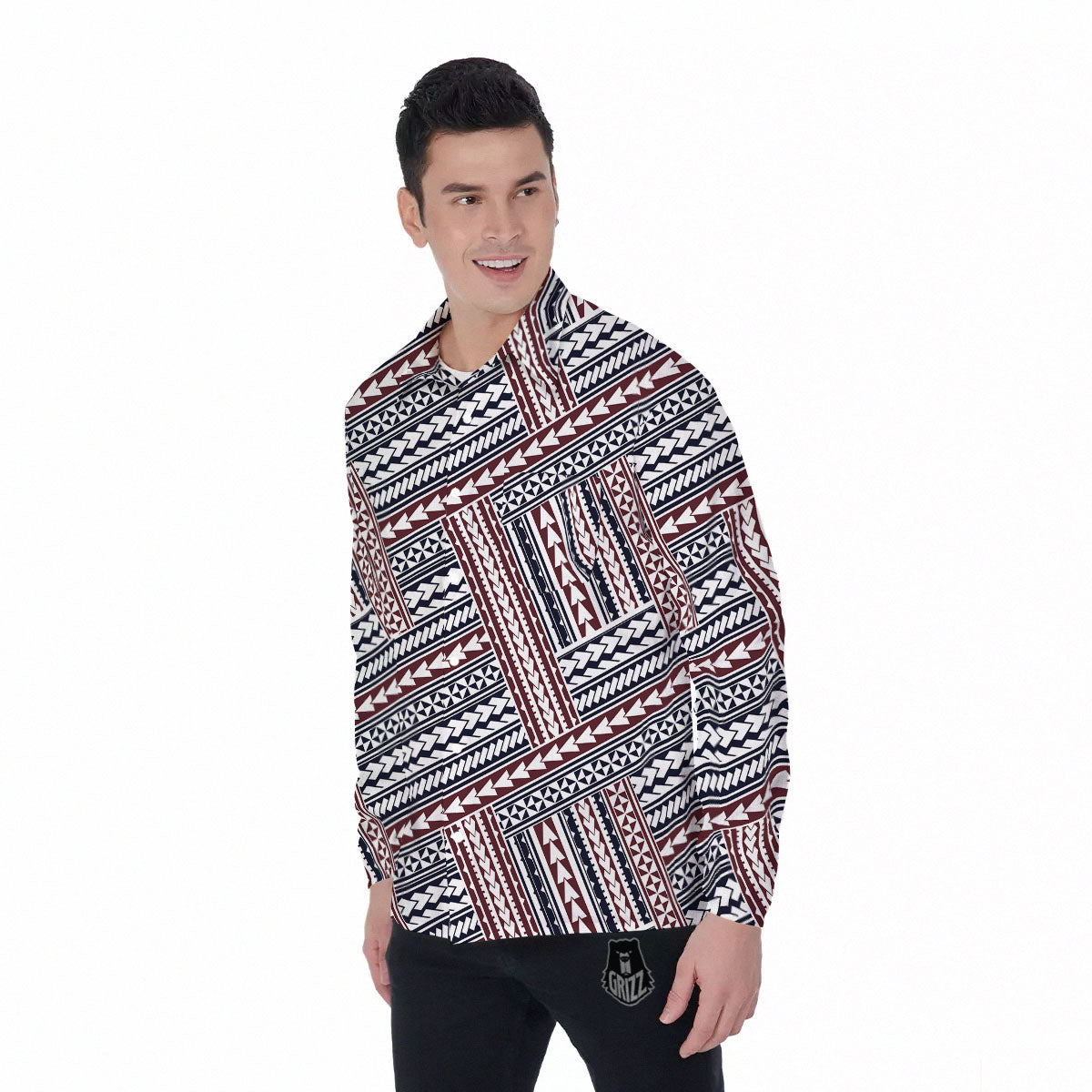 Tribal Maori Print Men's Long Sleeve Shirts-grizzshop