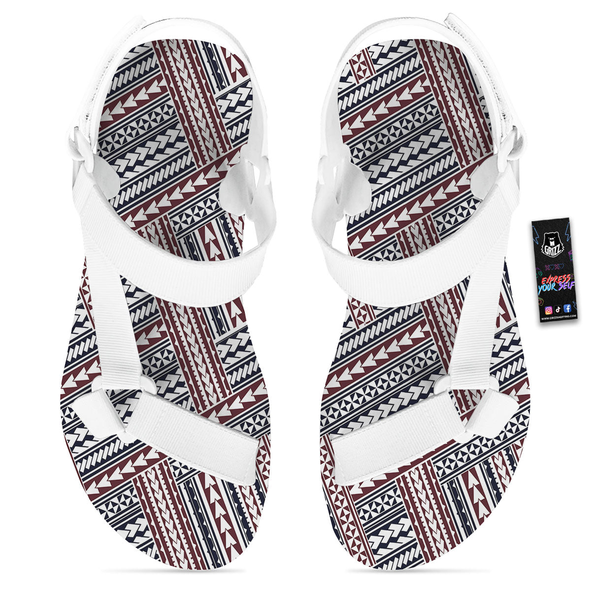 Tribal Maori Print White Open Toe Sandals-grizzshop