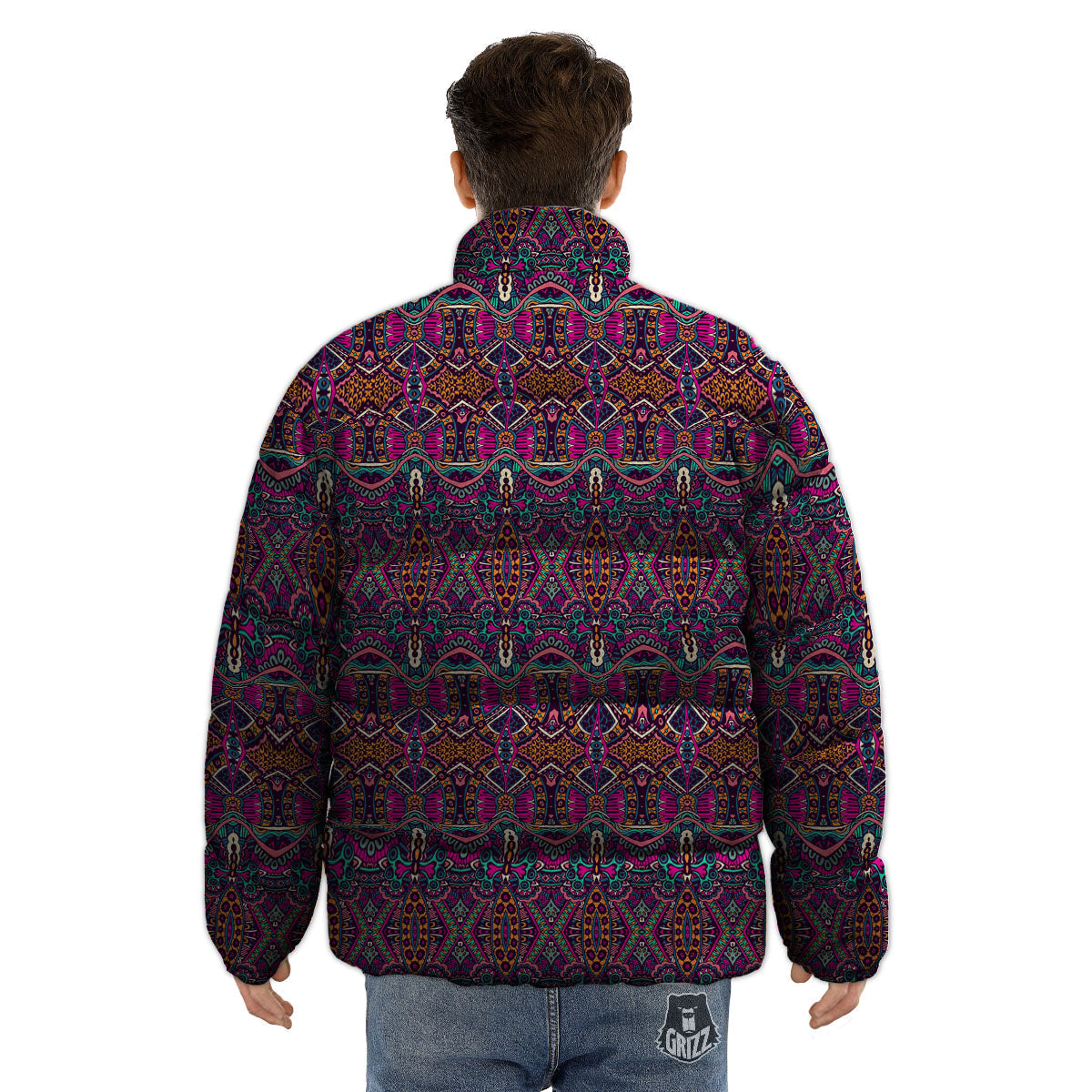 Tribal Native Purple Print Pattern Puffer Jacket-grizzshop