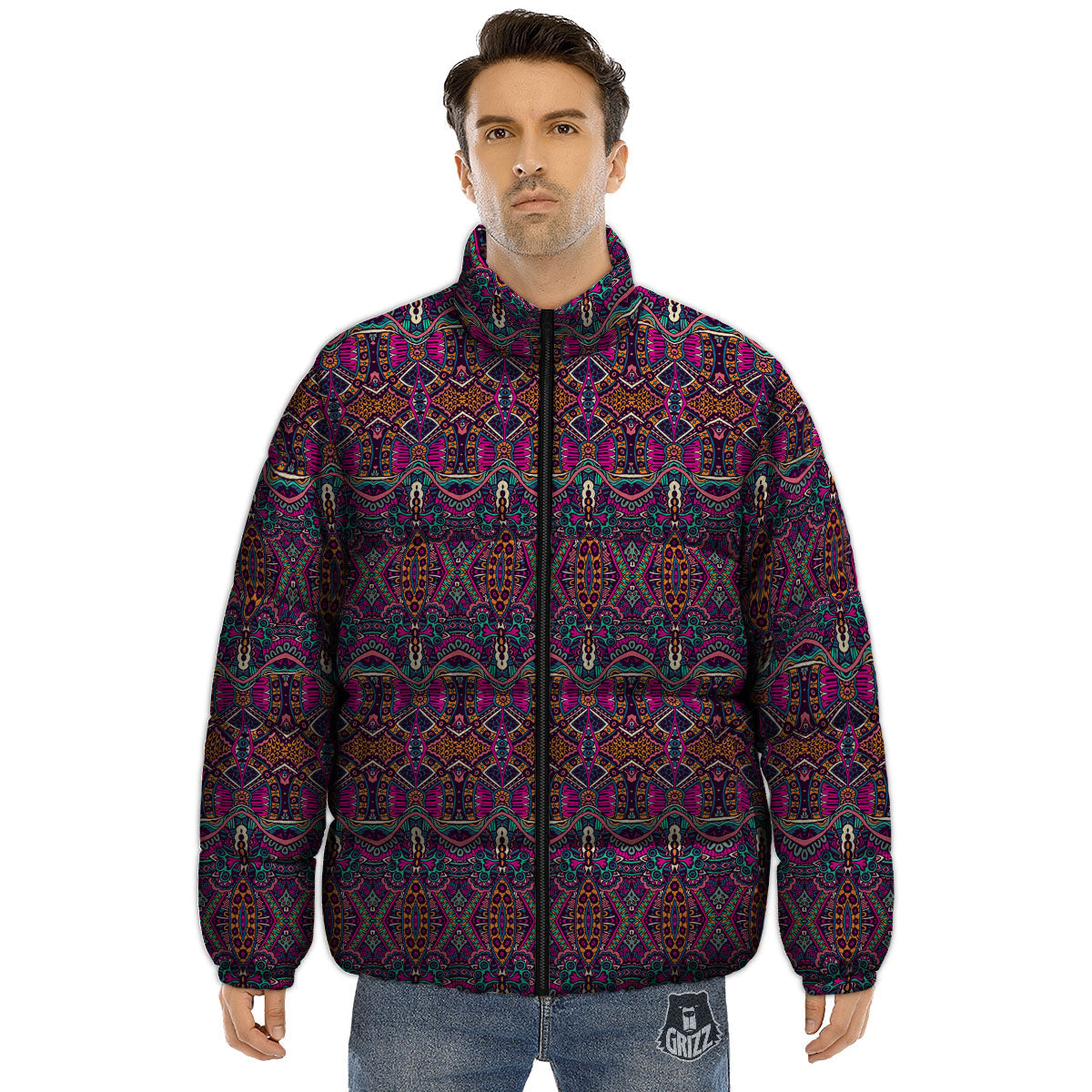 Tribal Native Purple Print Pattern Puffer Jacket-grizzshop