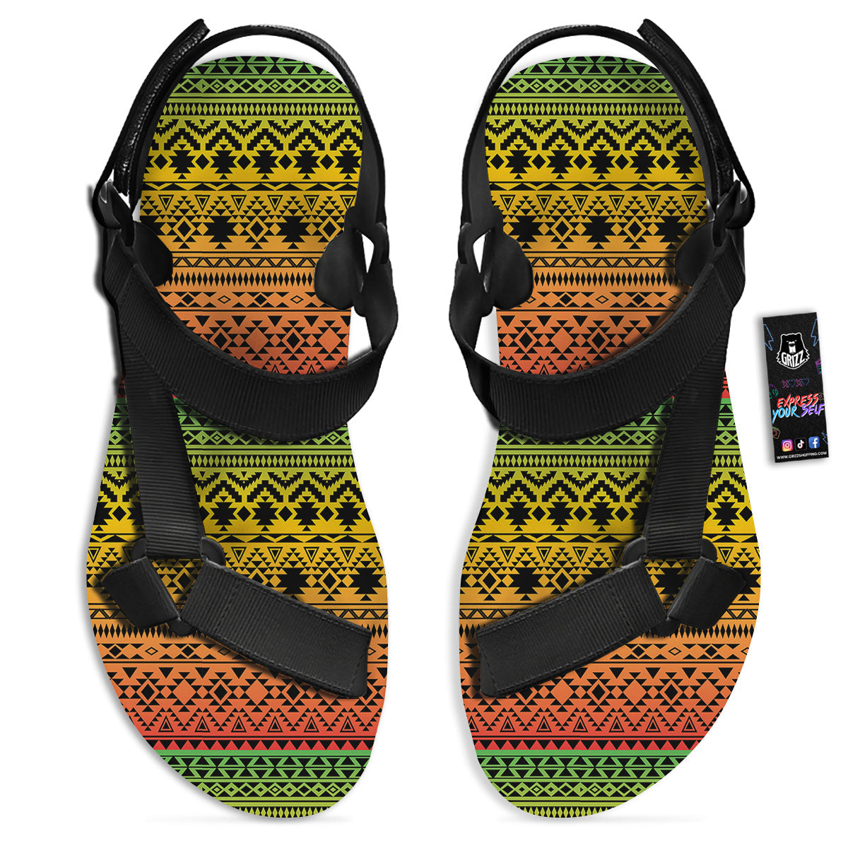 Tribal Rasta Print Pattern Black Open Toe Sandals-grizzshop
