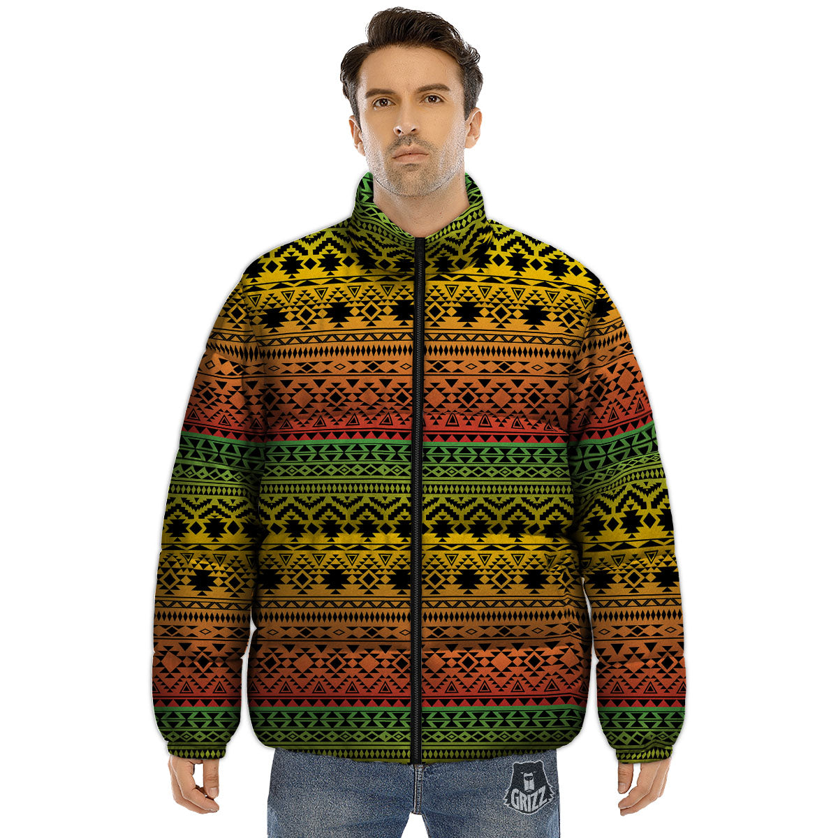Tribal Rasta Print Pattern Puffer Jacket-grizzshop