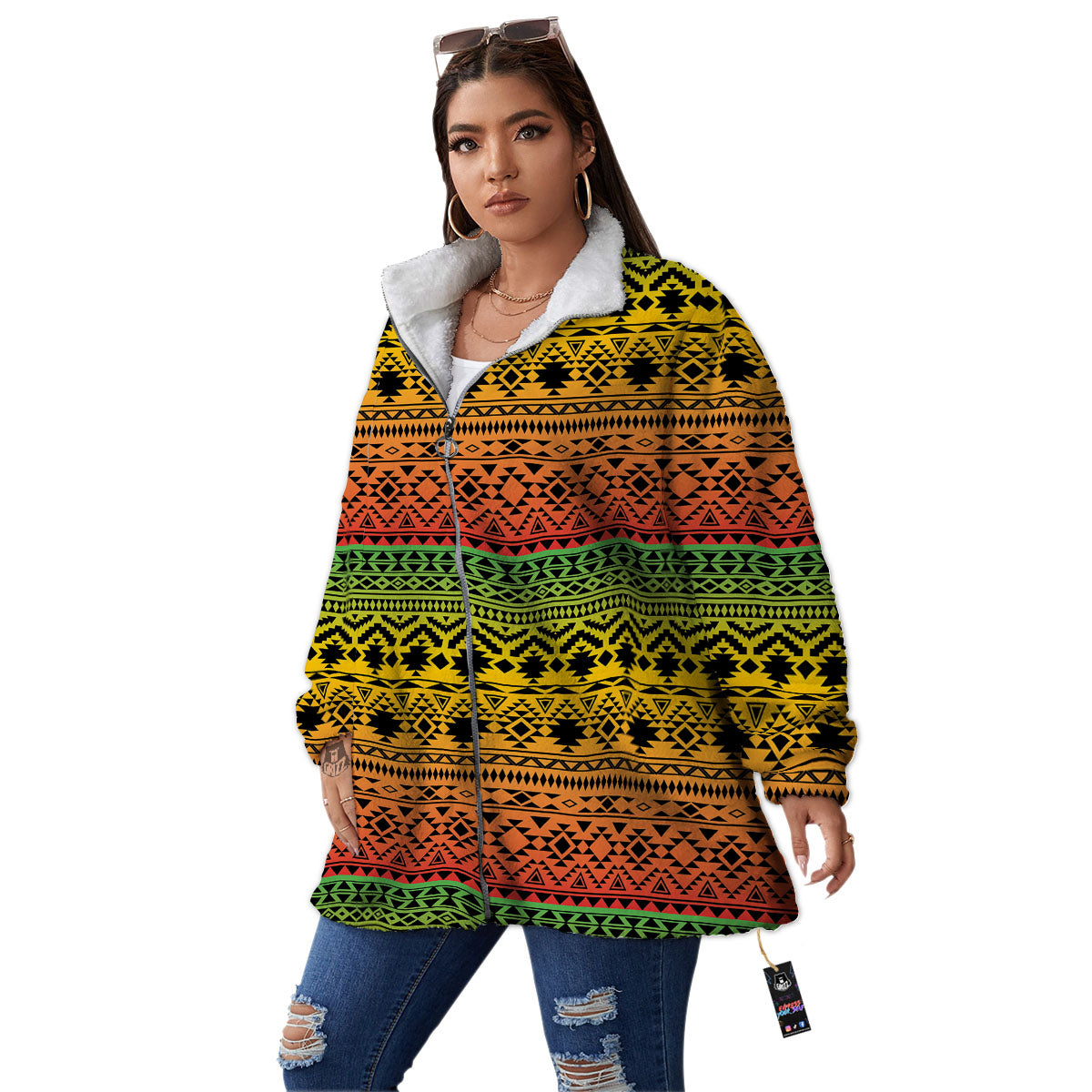 Tribal Rasta Print Pattern Women's Sherpa Jacket-grizzshop