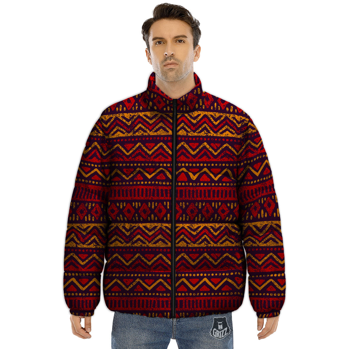 Tribal Red African Print Pattern Puffer Jacket-grizzshop