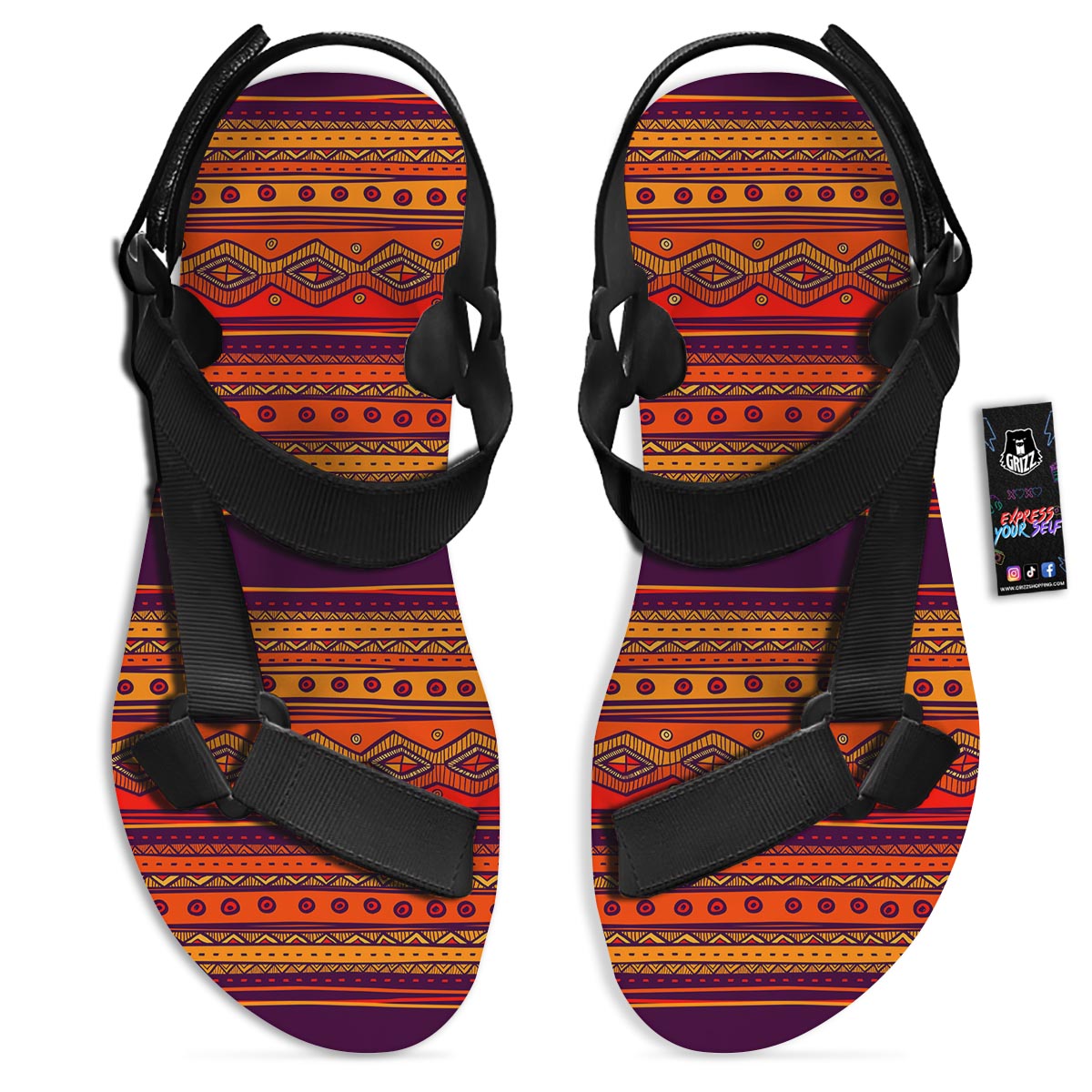 Tribal Sunset African Print Pattern Black Open Toe Sandals-grizzshop