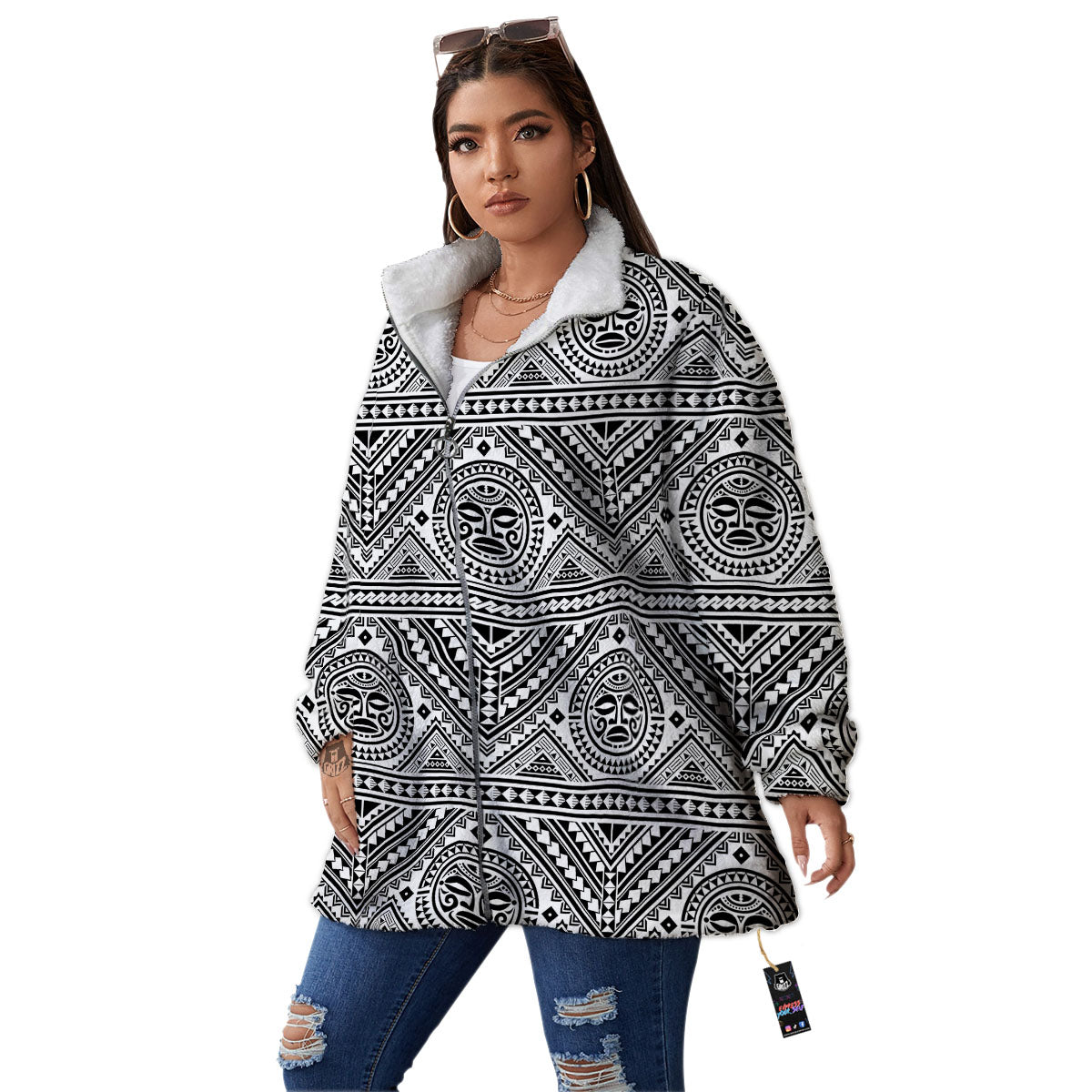 Tribal Tattoo Maori Polynesian Print Women's Sherpa Jacket-grizzshop