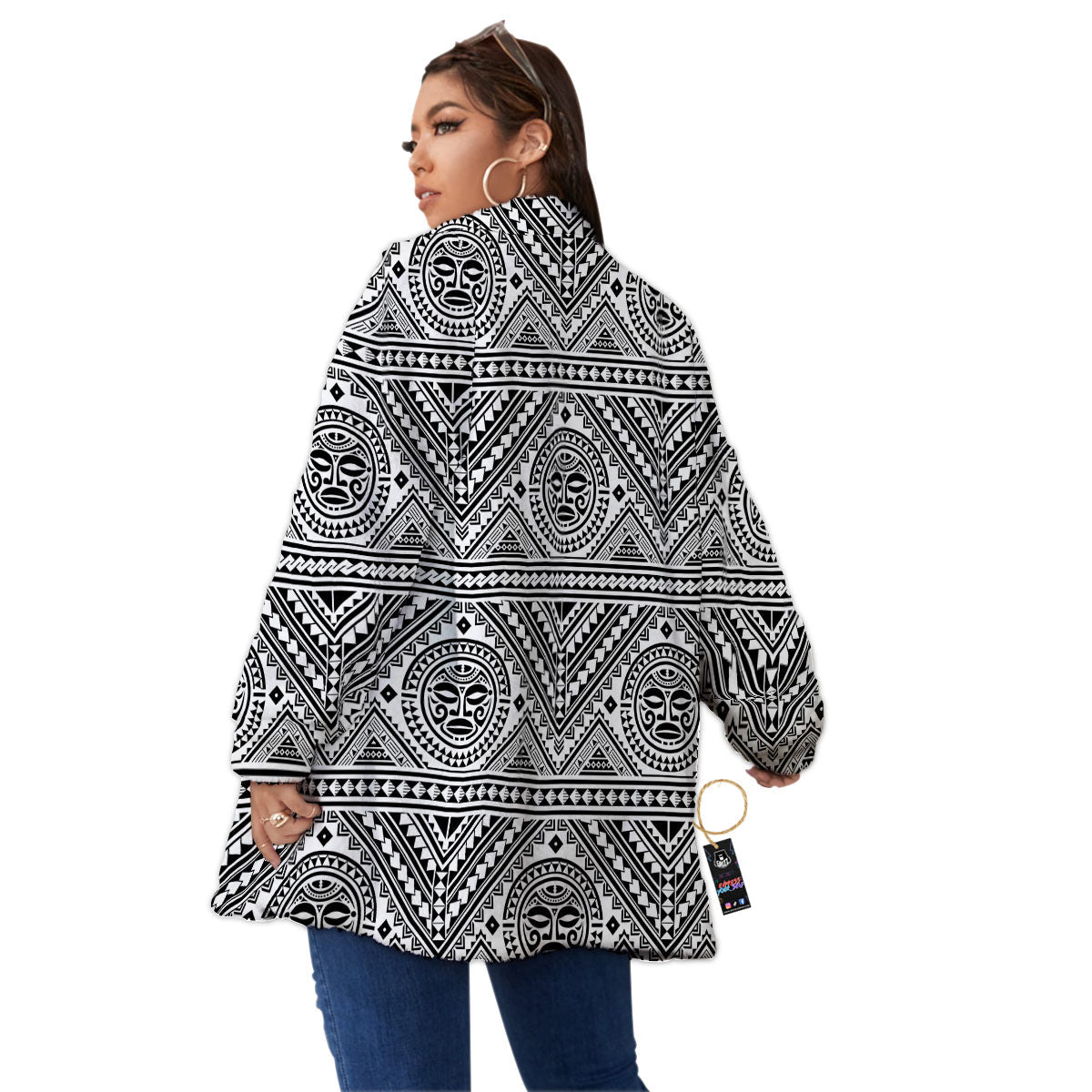 Tribal Tattoo Maori Polynesian Print Women's Sherpa Jacket-grizzshop