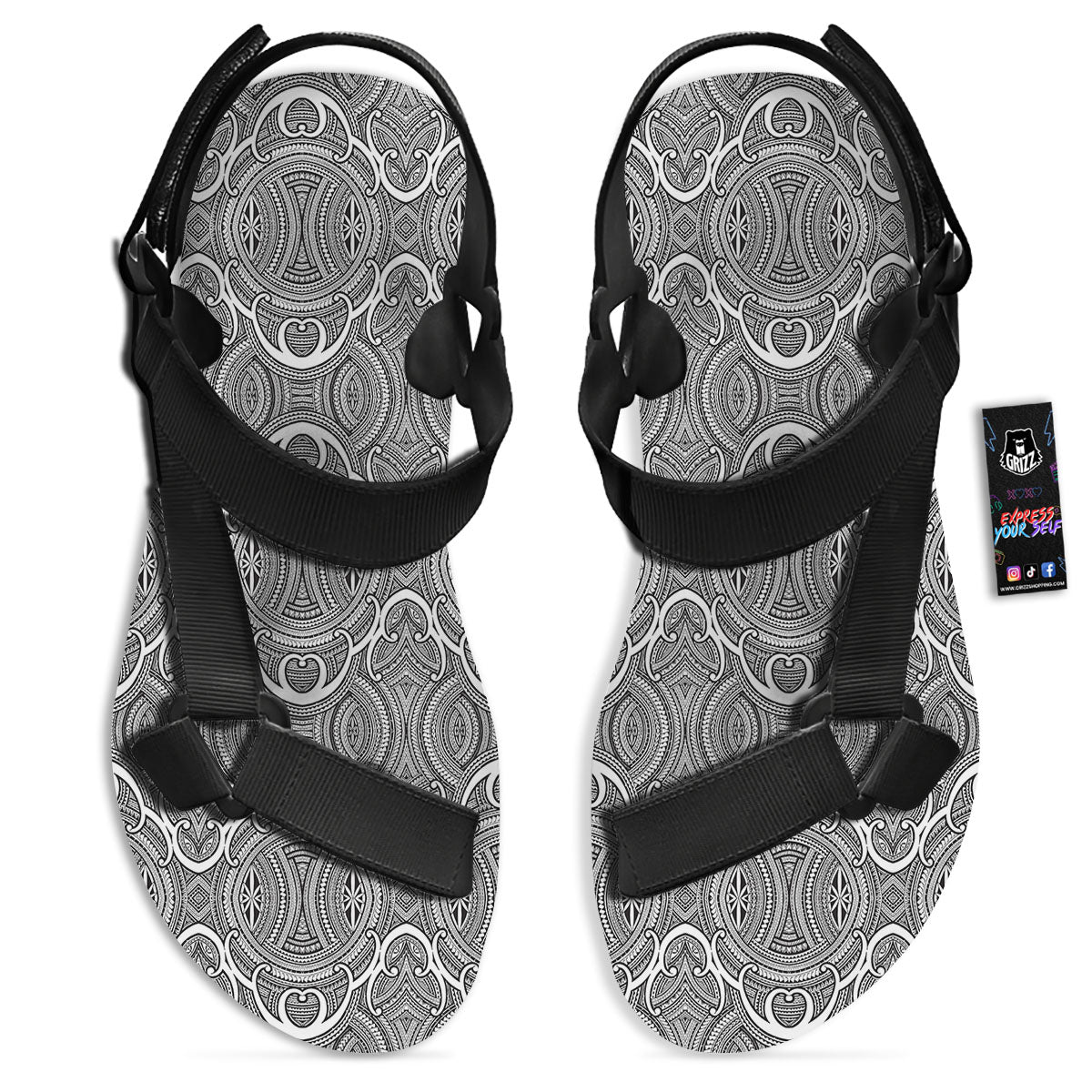 Tribal Tattoo Maori Print Pattern Black Open Toe Sandals-grizzshop
