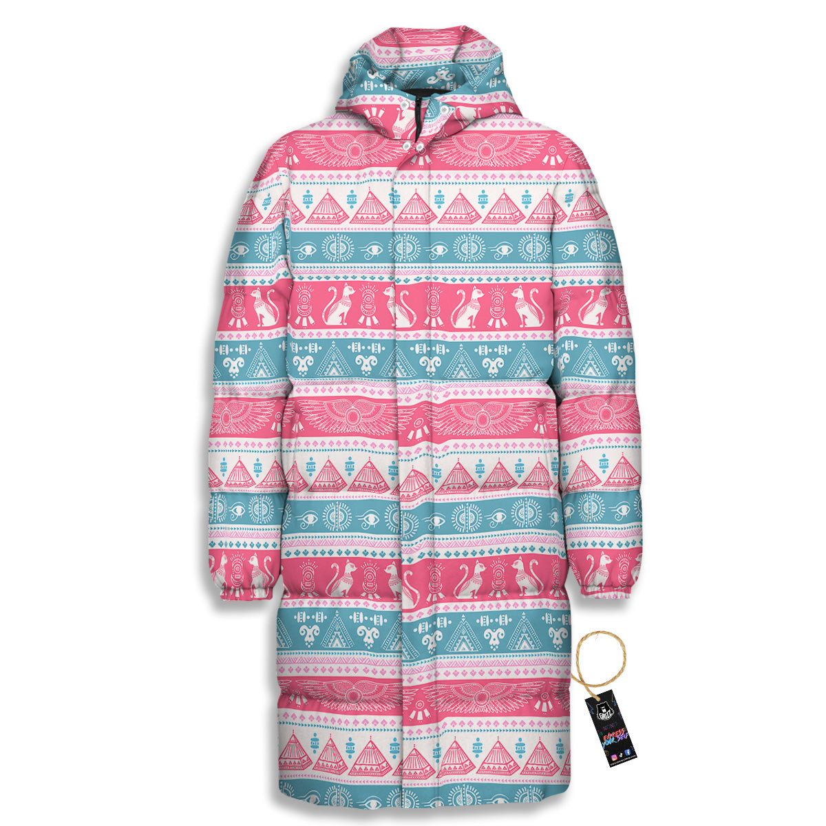 Tribal Ethnic Pink Blue Egypt Print Pattern Long Down Jacket