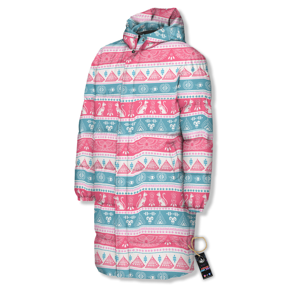 Tribal Ethnic Pink Blue Egypt Print Pattern Long Down Jacket