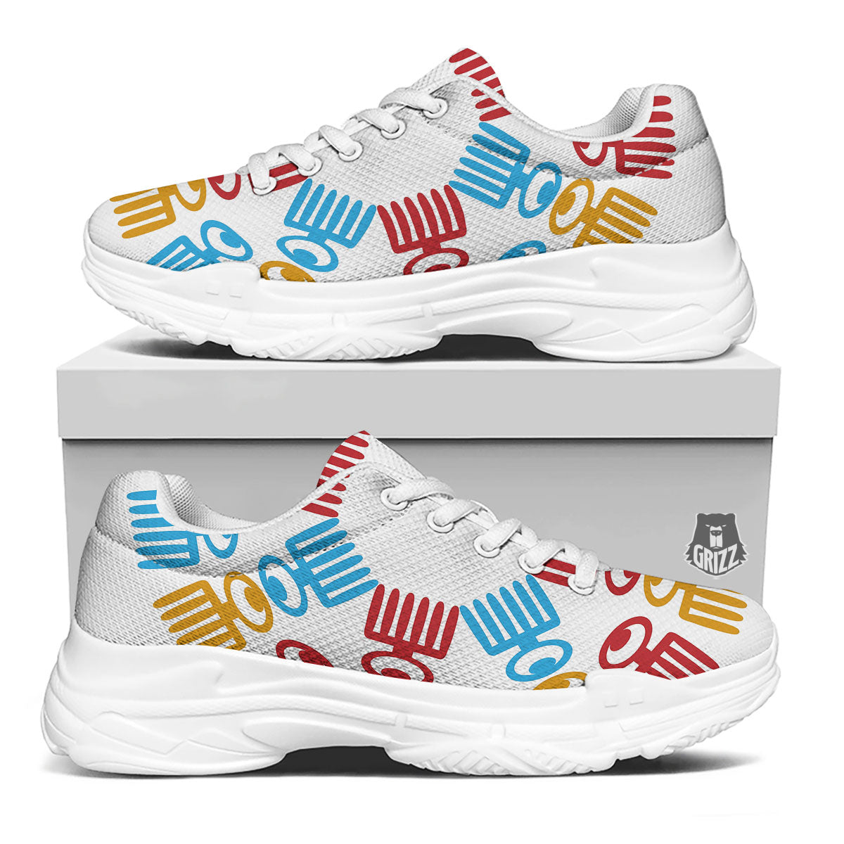 Tribe Symbols Red Adinkra Print White Chunky Shoes-grizzshop