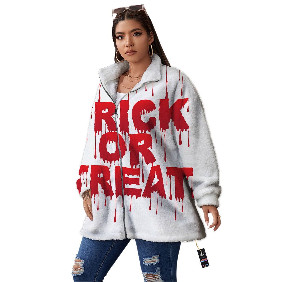 Trick Or Treat Red Blood Halloween Print Women's Sherpa Jacket-grizzshop