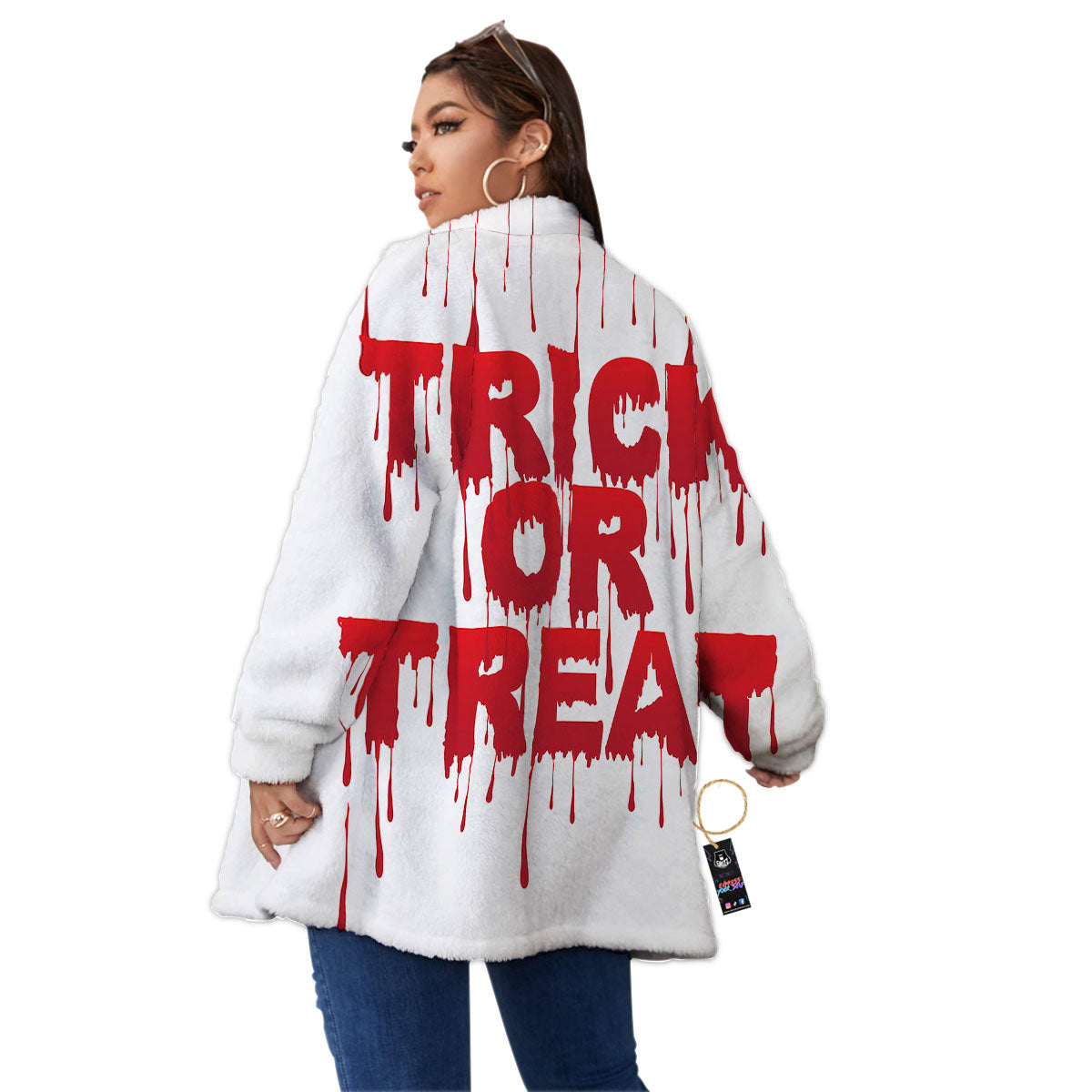 Trick Or Treat Red Blood Halloween Print Women's Sherpa Jacket-grizzshop