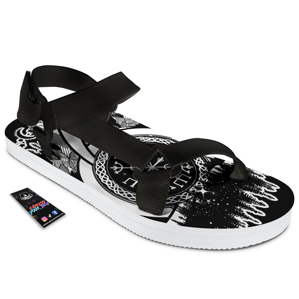 Trinity Knot Viking Celtic Print Black Open Toe Sandals-grizzshop