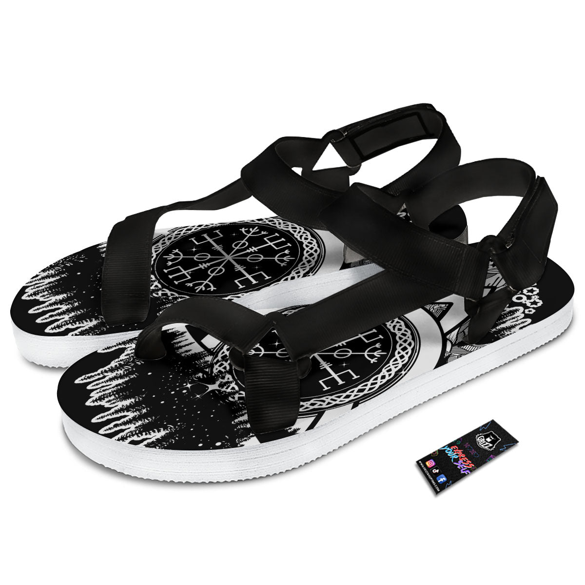 Trinity Knot Viking Celtic Print Black Open Toe Sandals-grizzshop