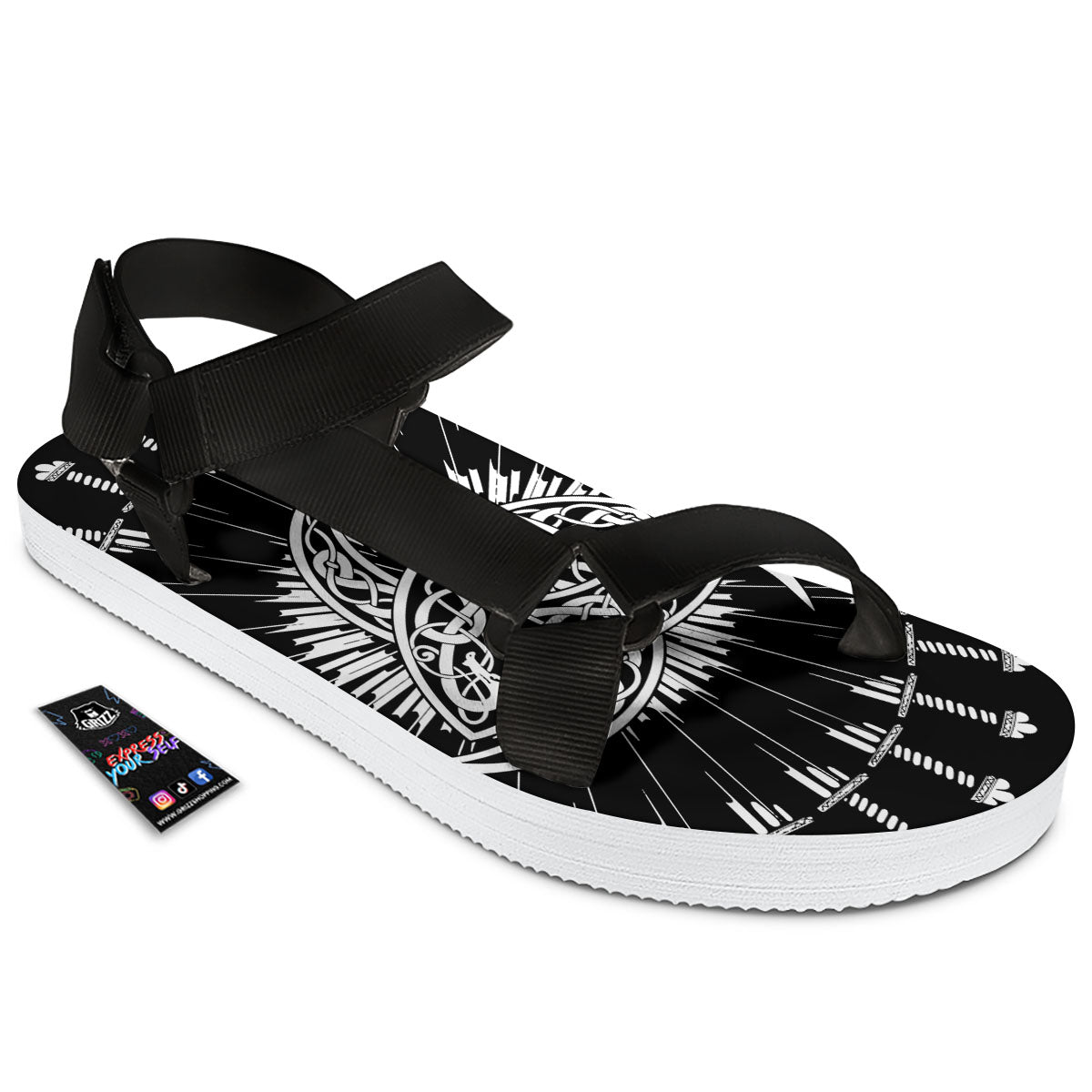 Triple Horn Of Odin Viking Print Black Open Toe Sandals-grizzshop