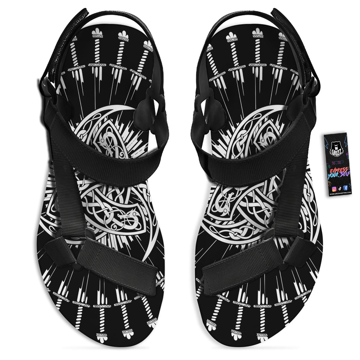 Triple Horn Of Odin Viking Print Black Open Toe Sandals-grizzshop
