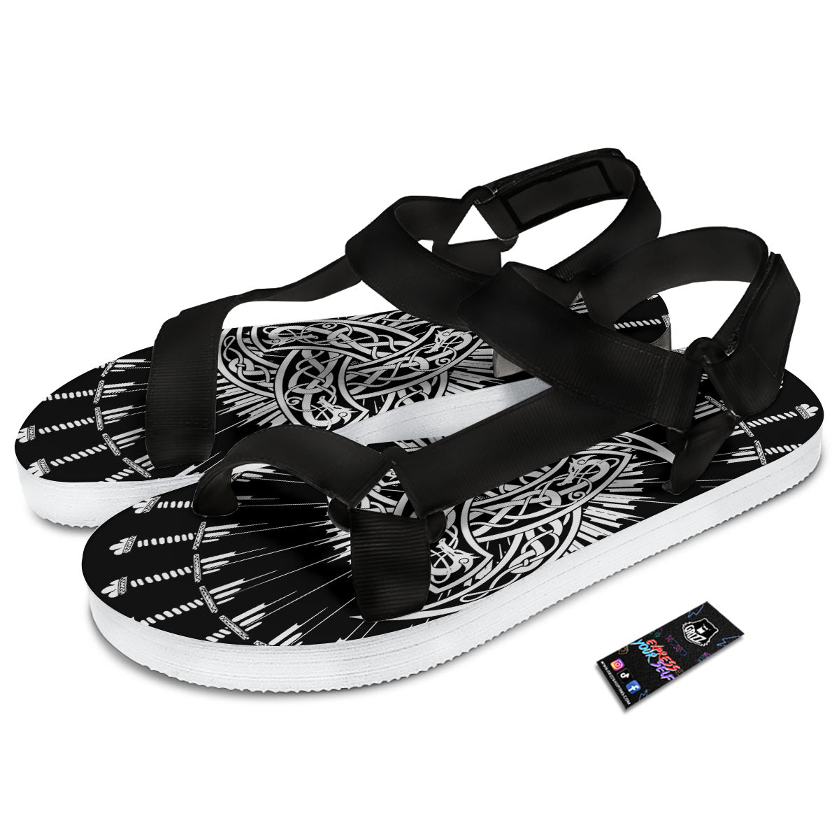 Triple Horn Of Odin Viking Print Black Open Toe Sandals-grizzshop