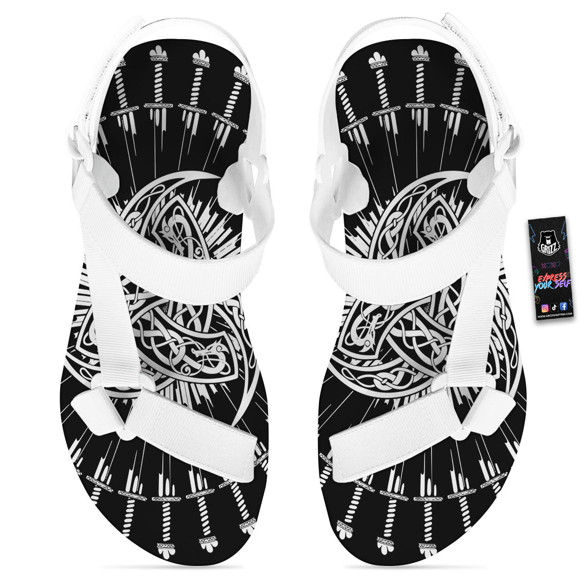 Triple Horn Of Odin Viking Print White Open Toe Sandals-grizzshop