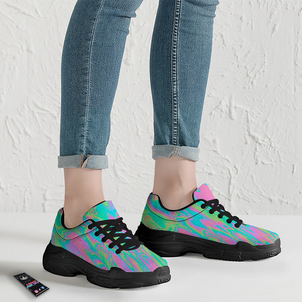 Trippy Abstract Holographic Print Black Chunky Shoes-grizzshop