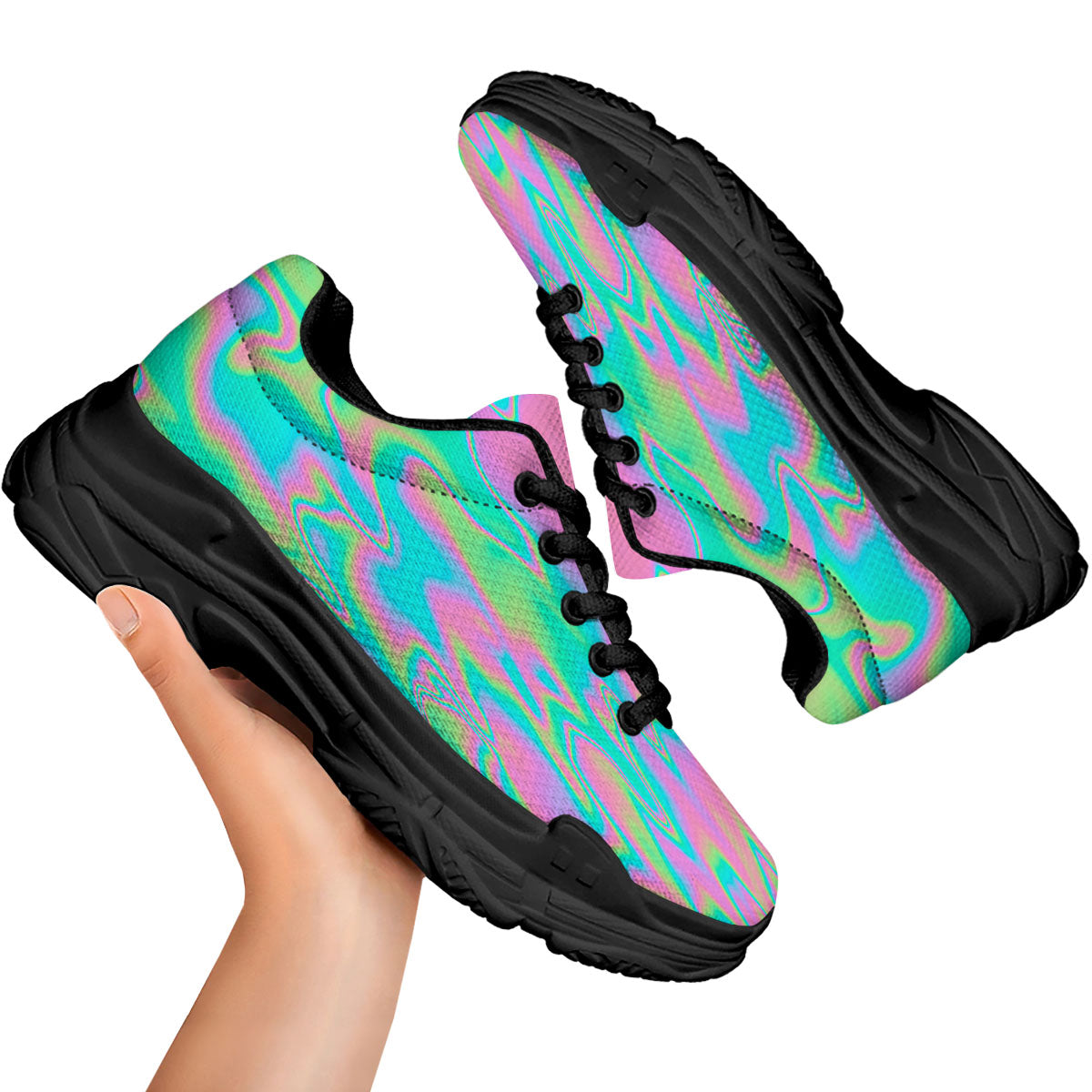 Trippy Abstract Holographic Print Black Chunky Shoes-grizzshop
