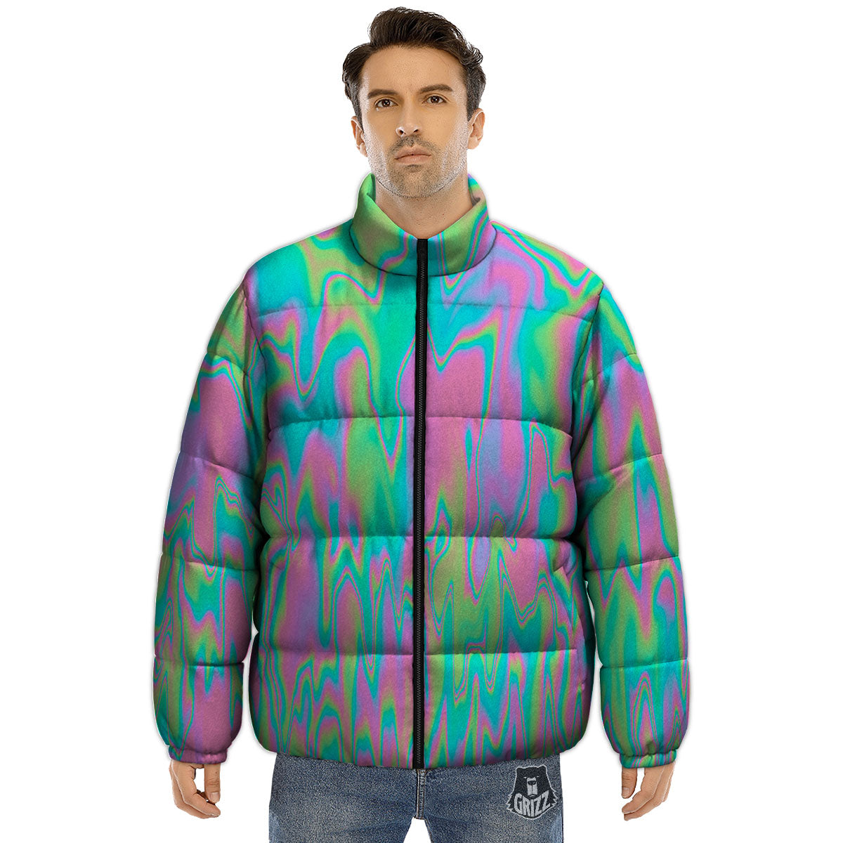 Trippy Abstract Holographic Print Puffer Jacket-grizzshop