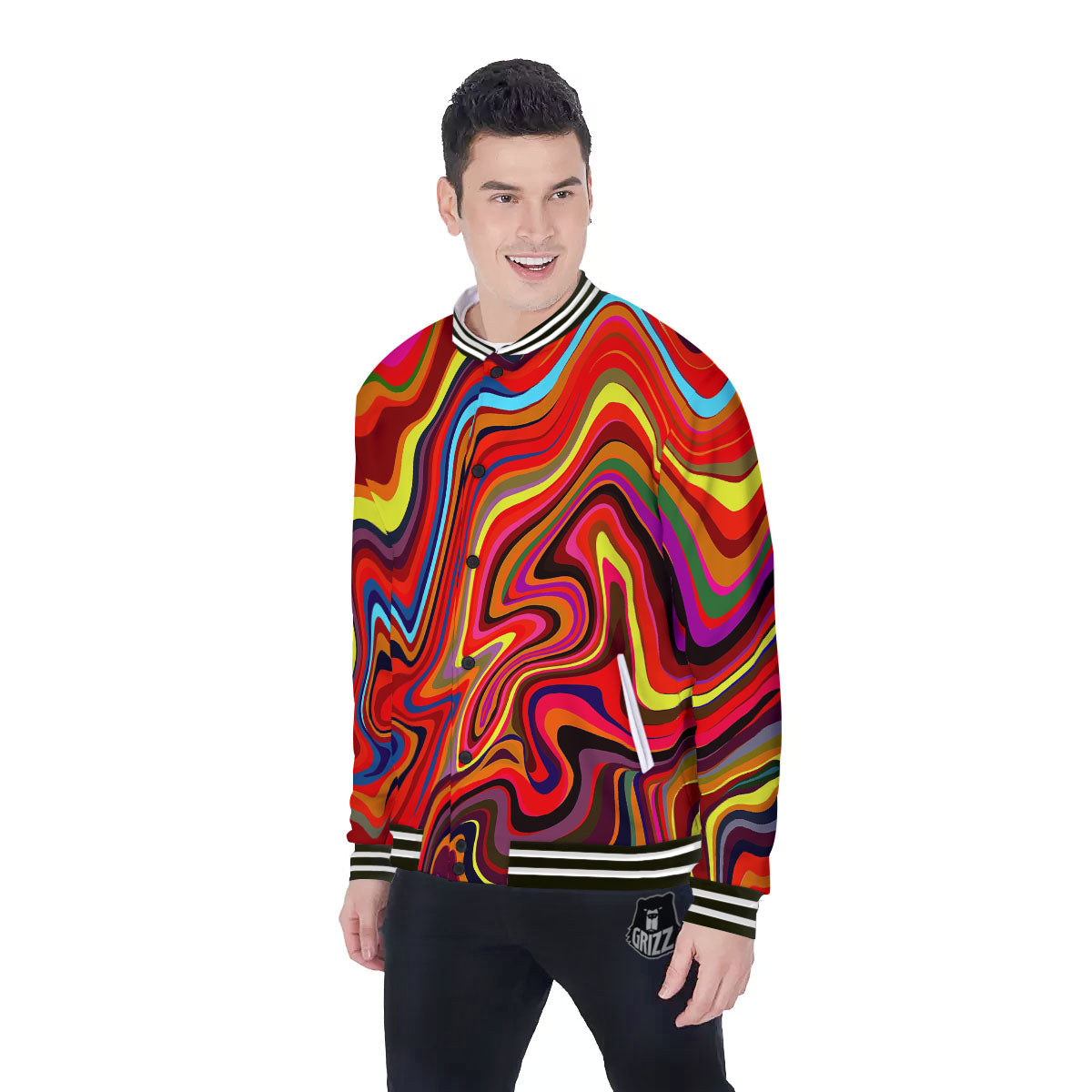 Trippy Abstract Liquid Print Baseball Jacket-grizzshop